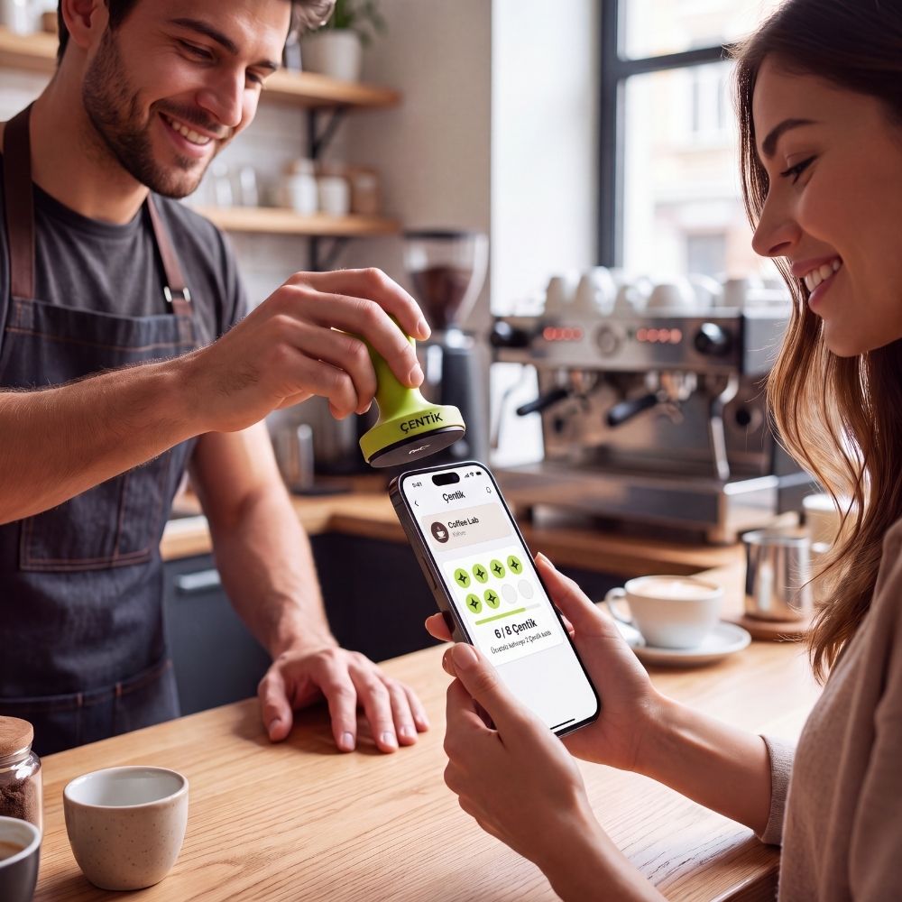 Barista, müşterinin telefonuna Çentik Stamp ile dokunuyor