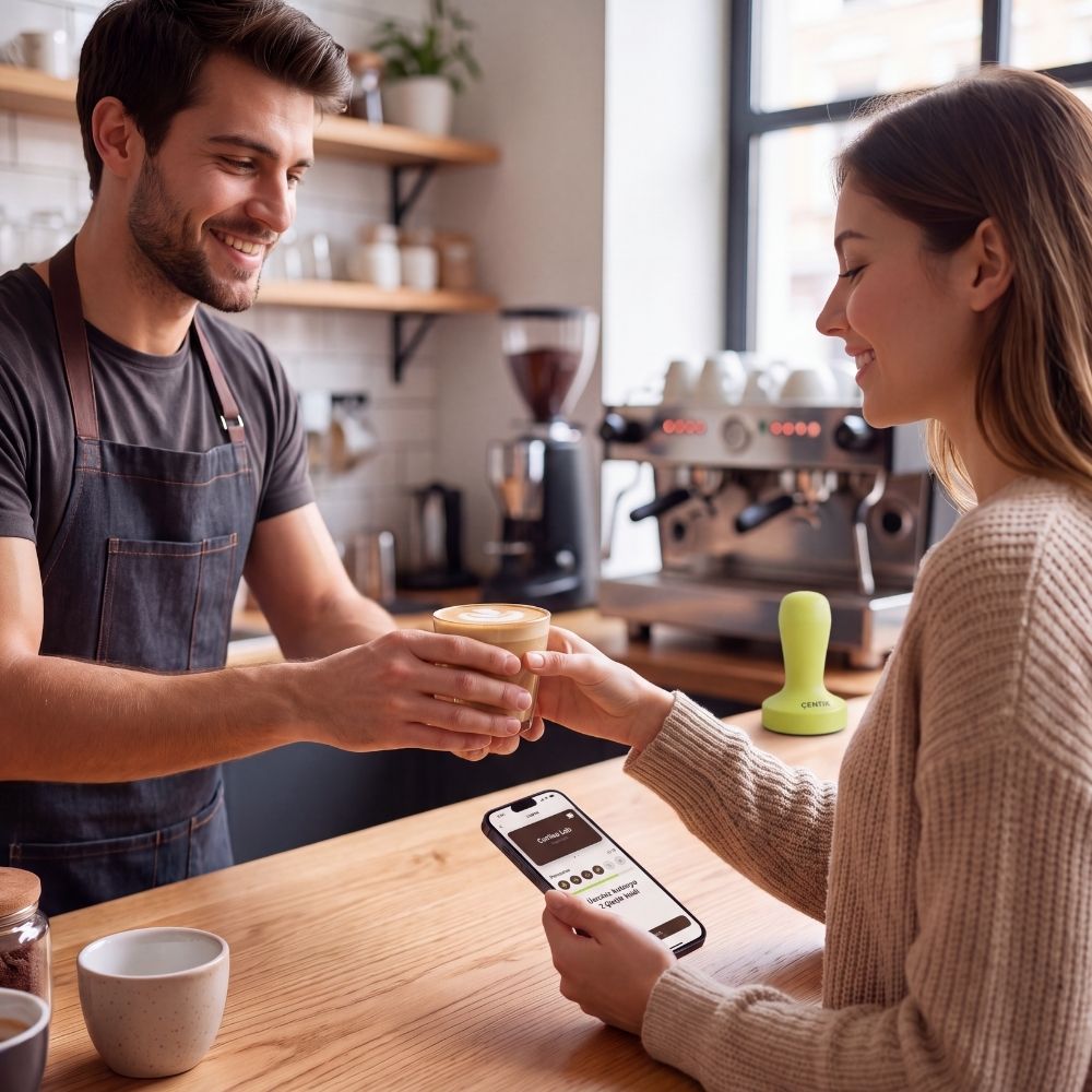 Barista, tekrar gelen müşteriye kahvesini uzatıyor
