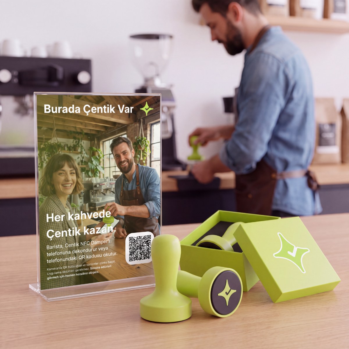Çentik Starter Pack: Çentik Stamp (NFC), kasa üstü stand ve çıkartmalar