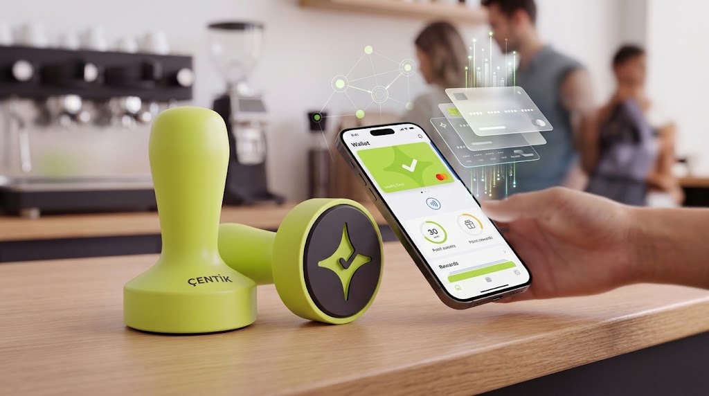 Çentik NFC loyalty touchpoint on a café counter beside a phone showing an abstract digital wallet loyalty card and connected wallet infrastructure.