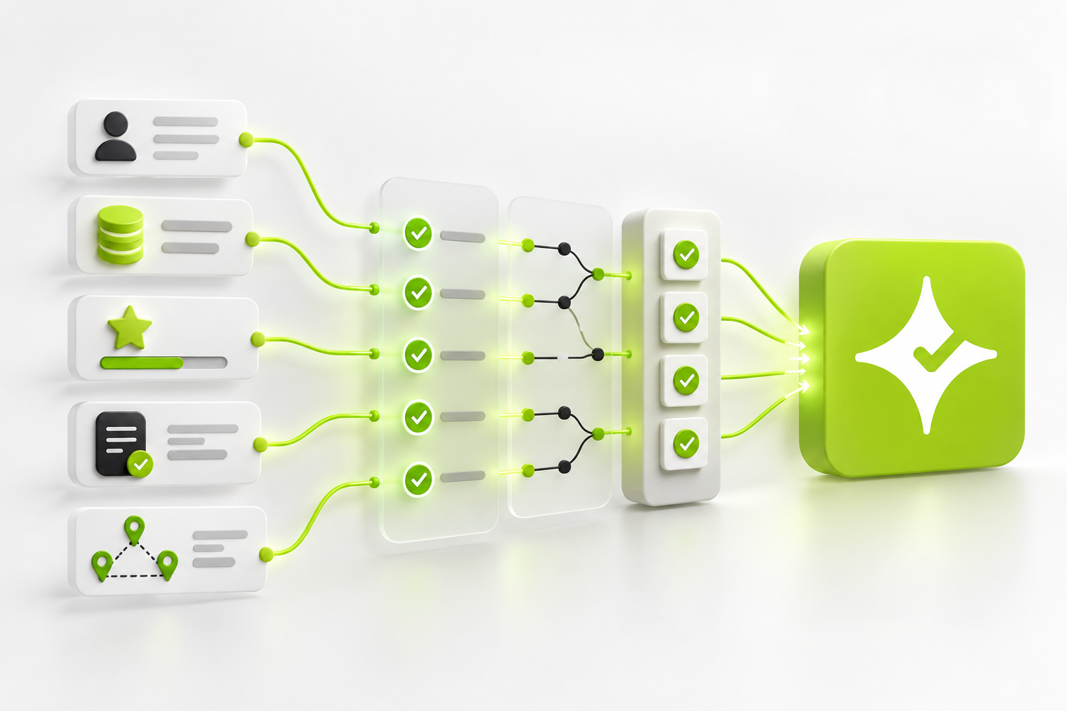 Abstract validation flow for customer profiles, balances, rewards, consent and restaurant locations moving into Çentik