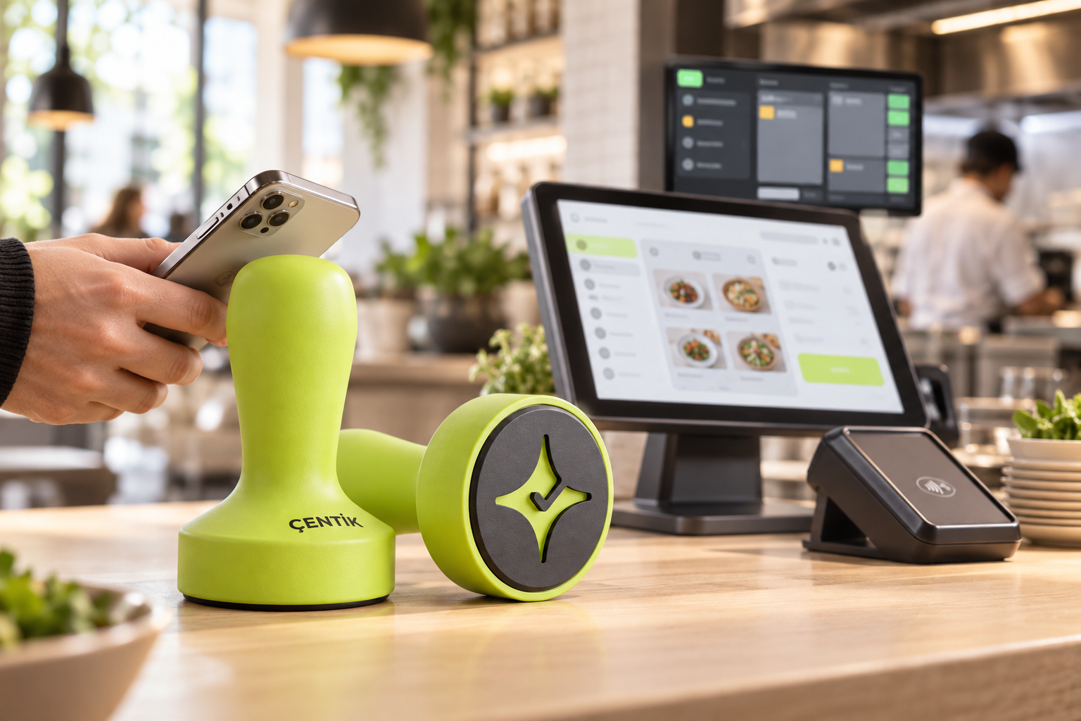 Çentik NFC loyalty touchpoint beside a generic restaurant POS and operations setup, showing standalone loyalty versus an integrated restaurant technology stack.
