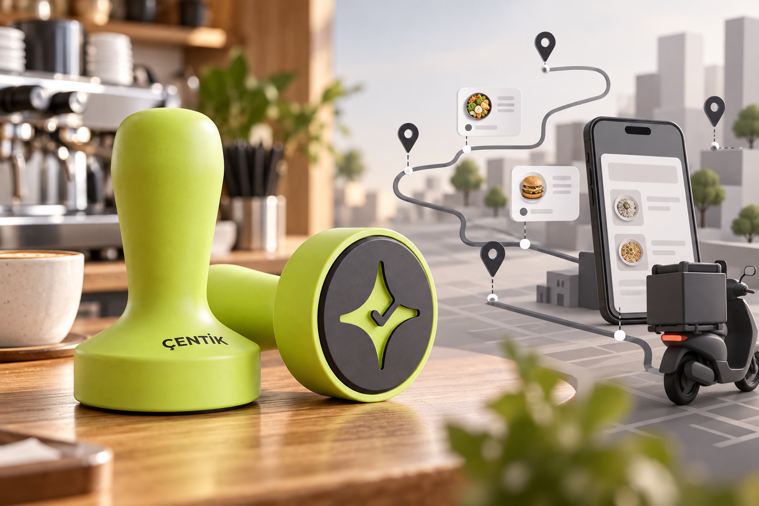 Çentik NFC loyalty touchpoint on a café counter beside an abstract delivery marketplace network