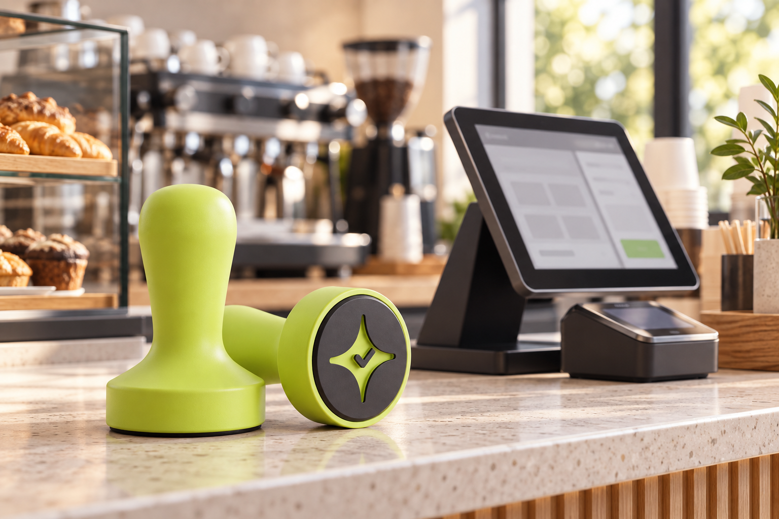 Çentik NFC loyalty touchpoint beside a generic restaurant POS checkout setup, illustrating standalone loyalty versus POS-native loyalty.