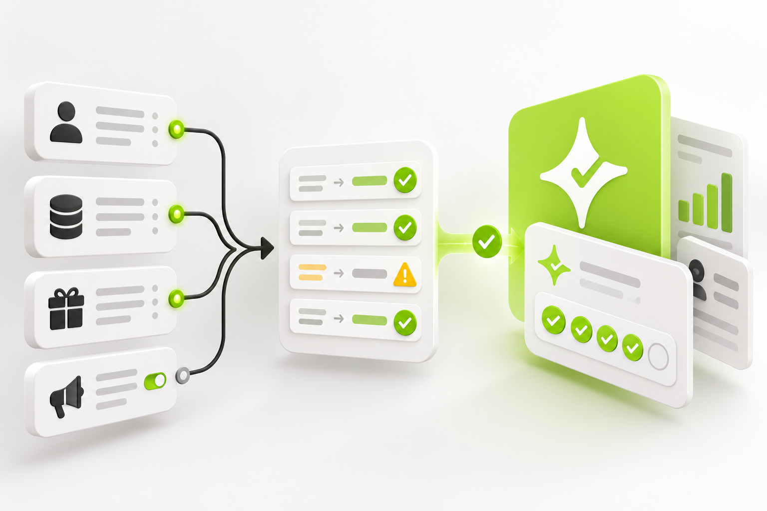 Abstract loyalty migration flow validating customer profiles, balances, rewards and consent before moving to Çentik.