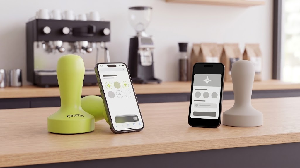 Çentik NFC loyalty touchpoint beside a smartphone representing two approaches to digital café loyalty