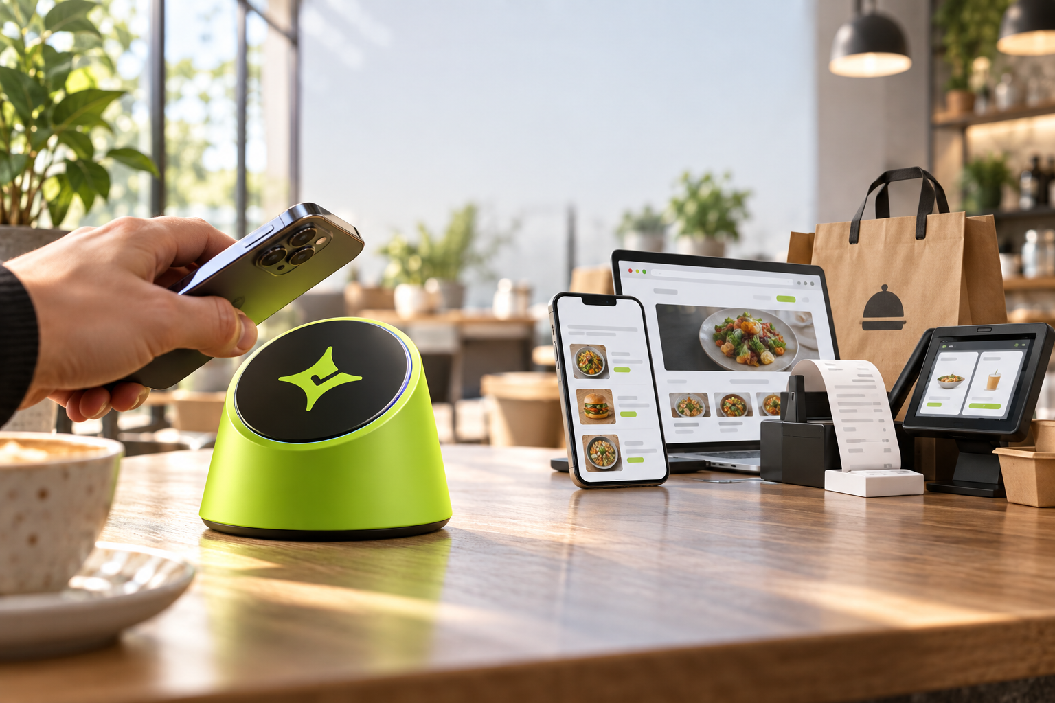 Çentik NFC loyalty touchpoint beside a generic restaurant digital ordering setup, illustrating in-store loyalty versus ordering-led loyalty.