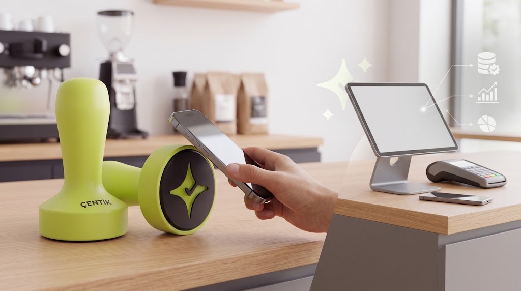 Çentik NFC loyalty touchpoint contrasted with a broader tablet-based loyalty setup at a U.S. café counter