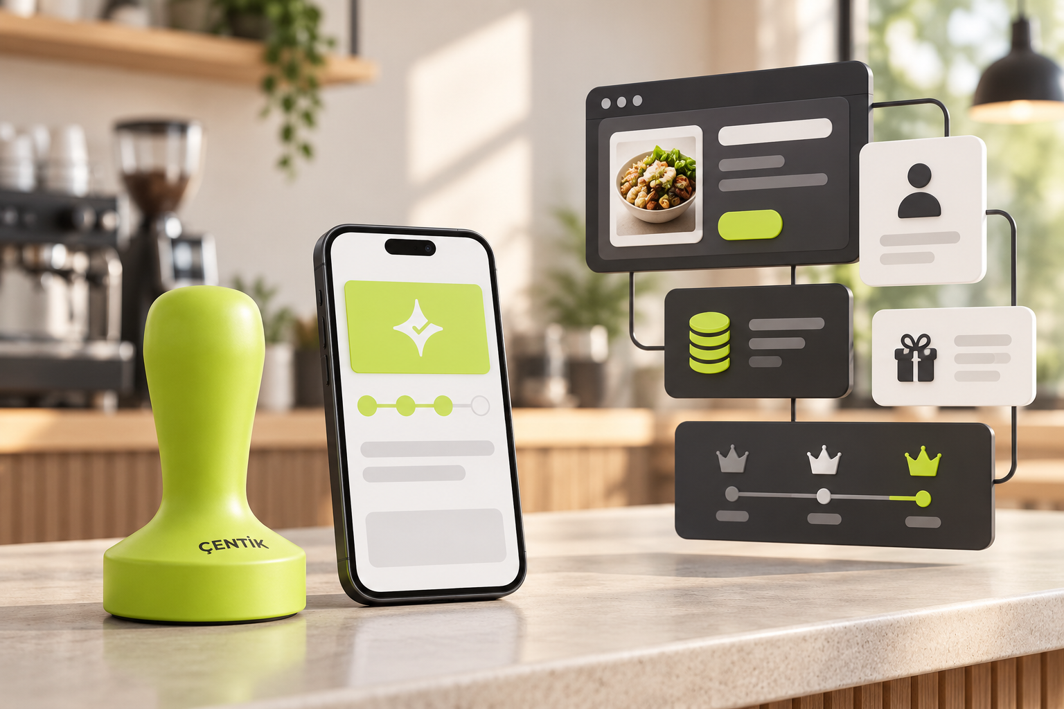 Çentik NFC counter touchpoint contrasted with an abstract integrated restaurant loyalty ecosystem