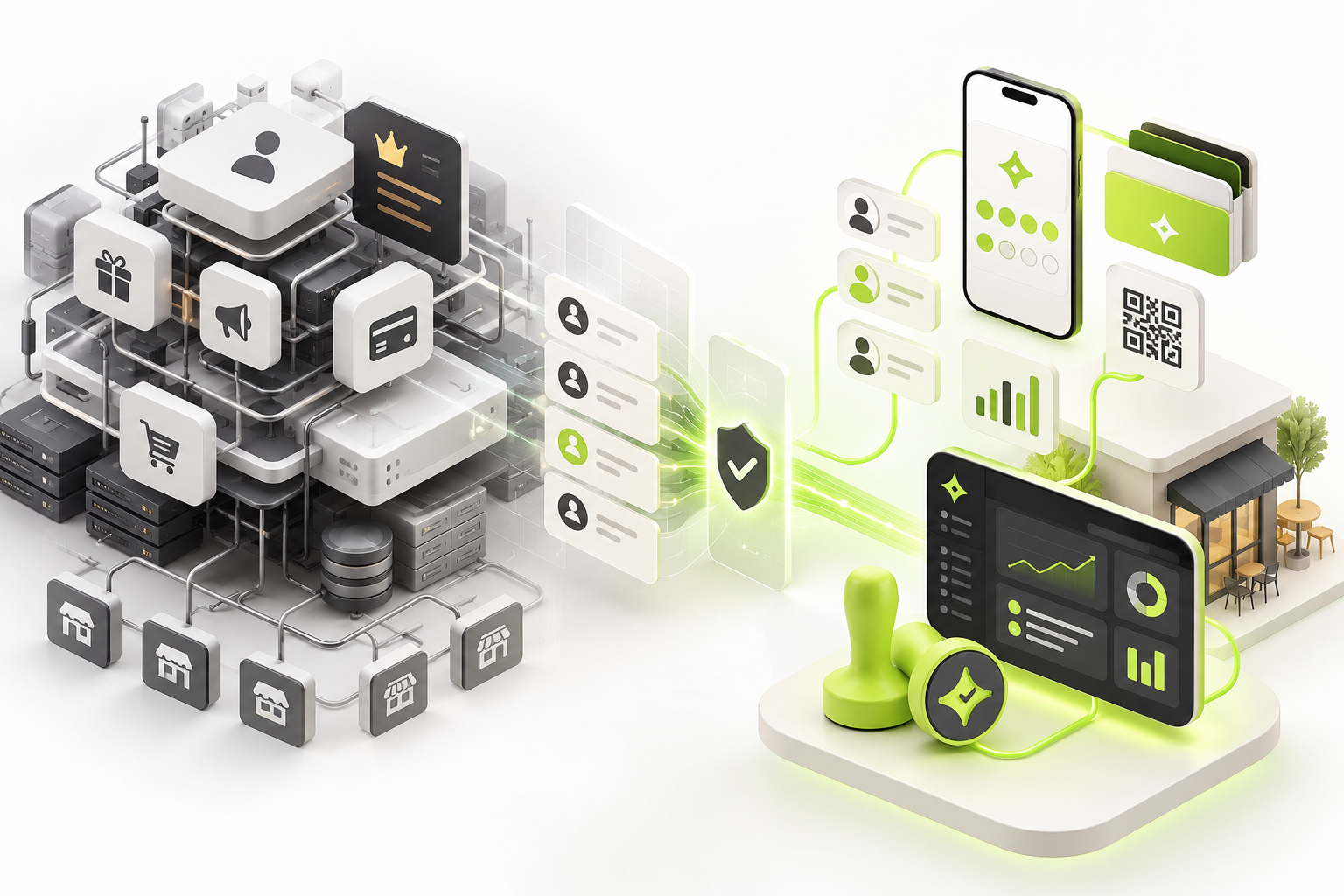 Abstract build-versus-buy loyalty architecture showing a complex proprietary stack and a simpler independent café deployment.