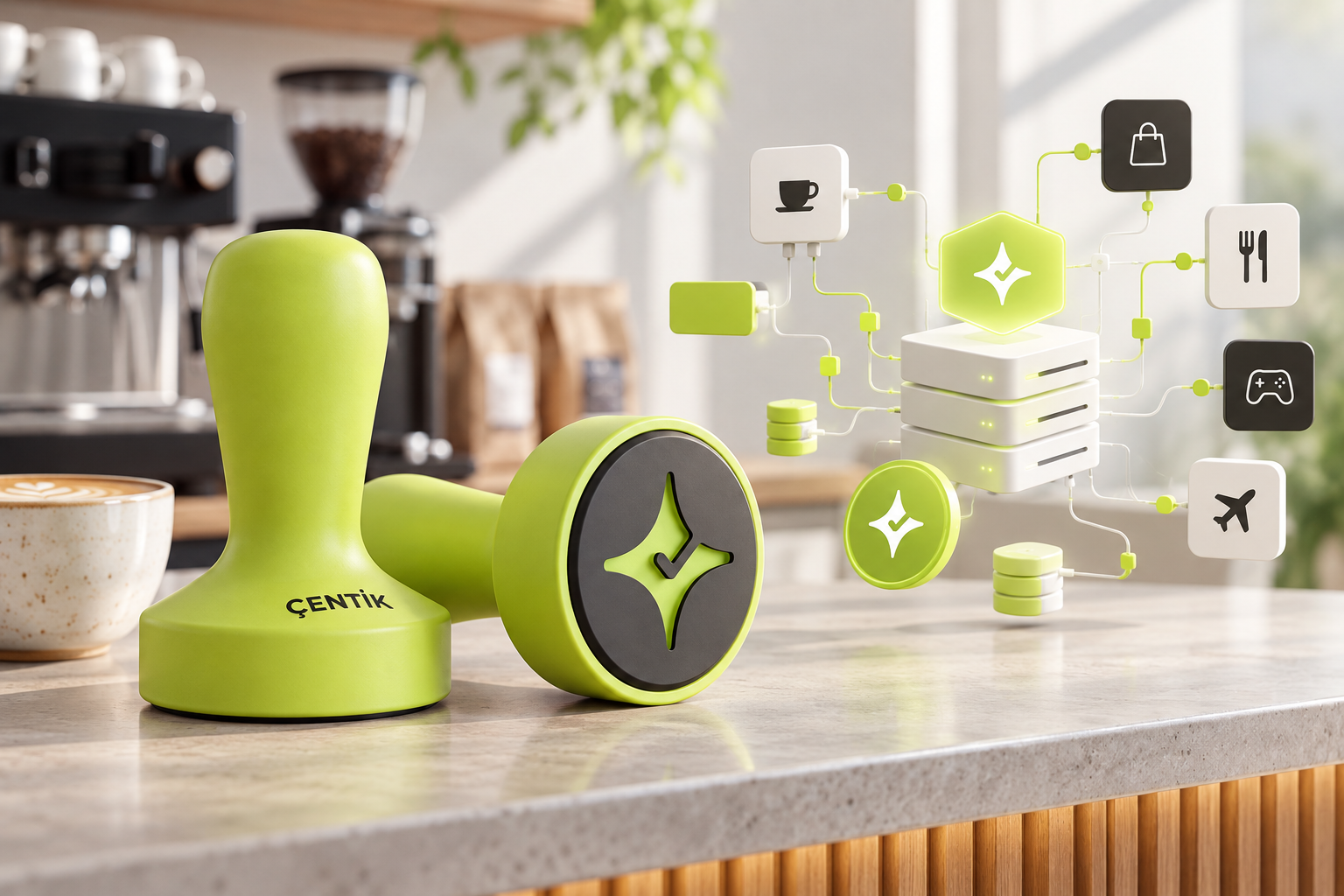 Çentik NFC counter device beside an abstract API-driven loyalty infrastructure concept