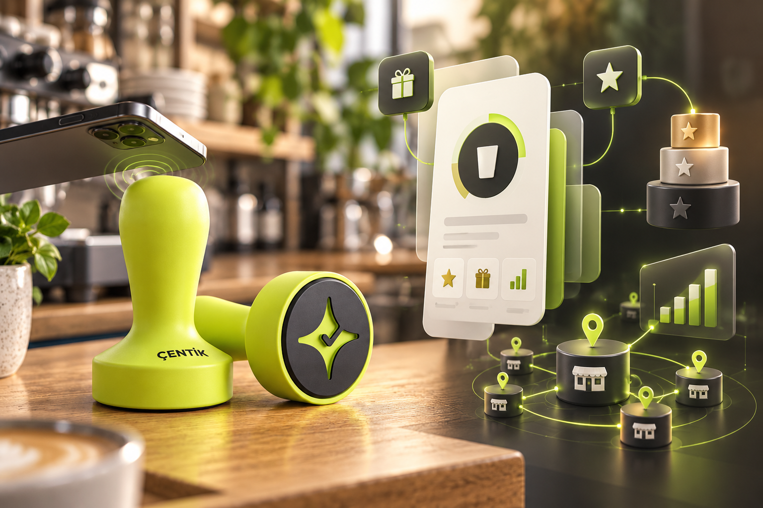 Çentik NFC loyalty touchpoint contrasted with an abstract app-centered enterprise coffee loyalty ecosystem.