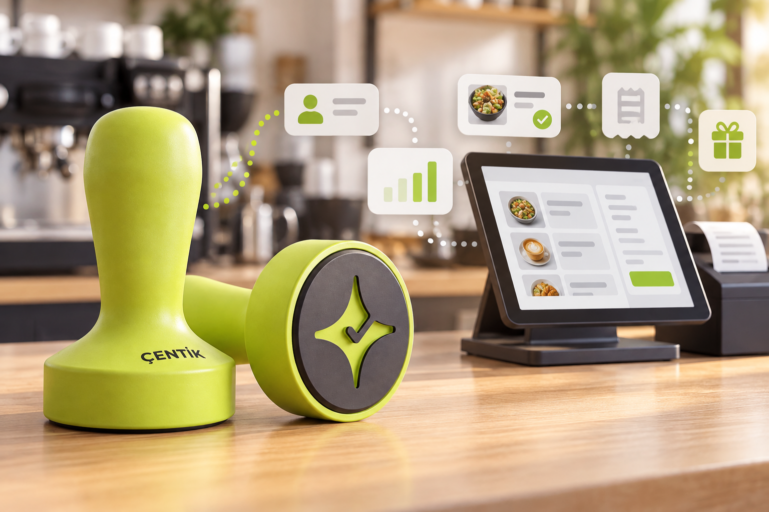 Çentik NFC loyalty touchpoint beside an abstract restaurant POS ecosystem, illustrating standalone loyalty versus POS-integrated loyalty.