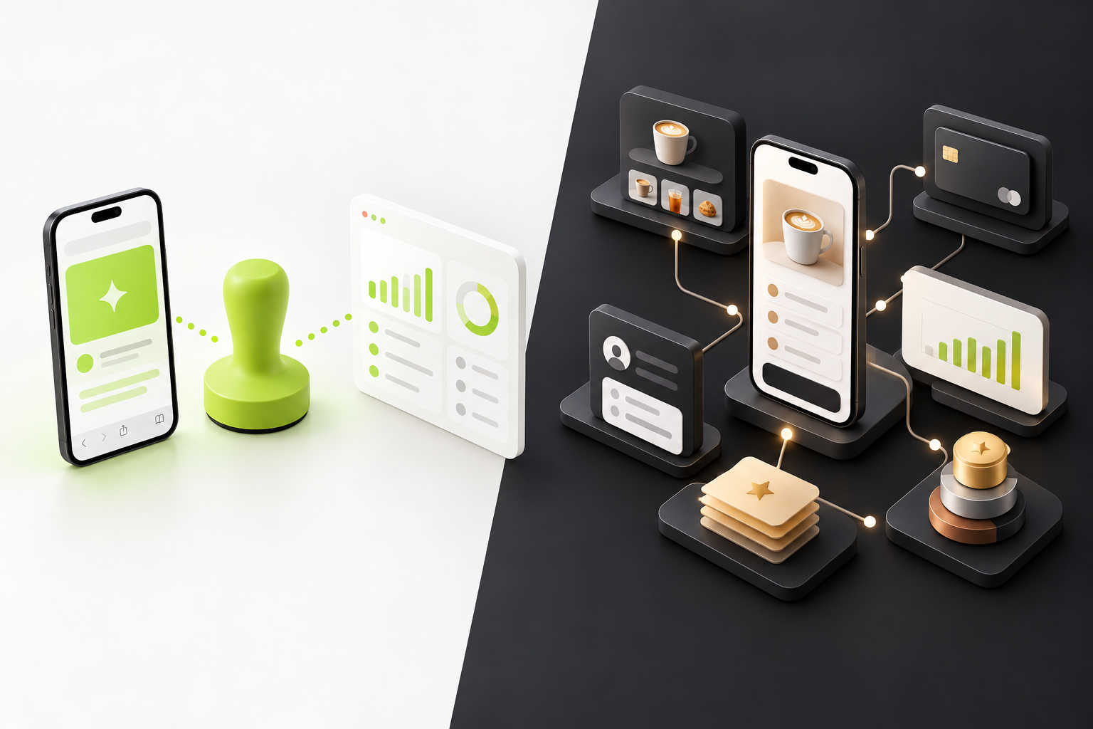 Abstract loyalty architecture comparing browser NFC and QR access with an integrated ordering and tiered rewards stack