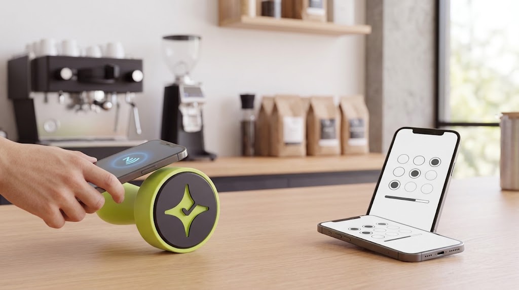 Çentik NFC loyalty touchpoint beside a generic wallet-based digital stamp card concept in a U.S. café.