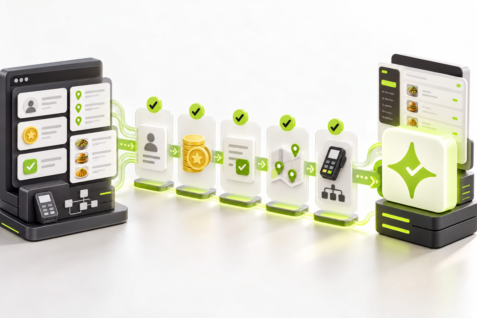 Abstract restaurant loyalty migration validation flow for customer profiles, rewards, consent records and locations.