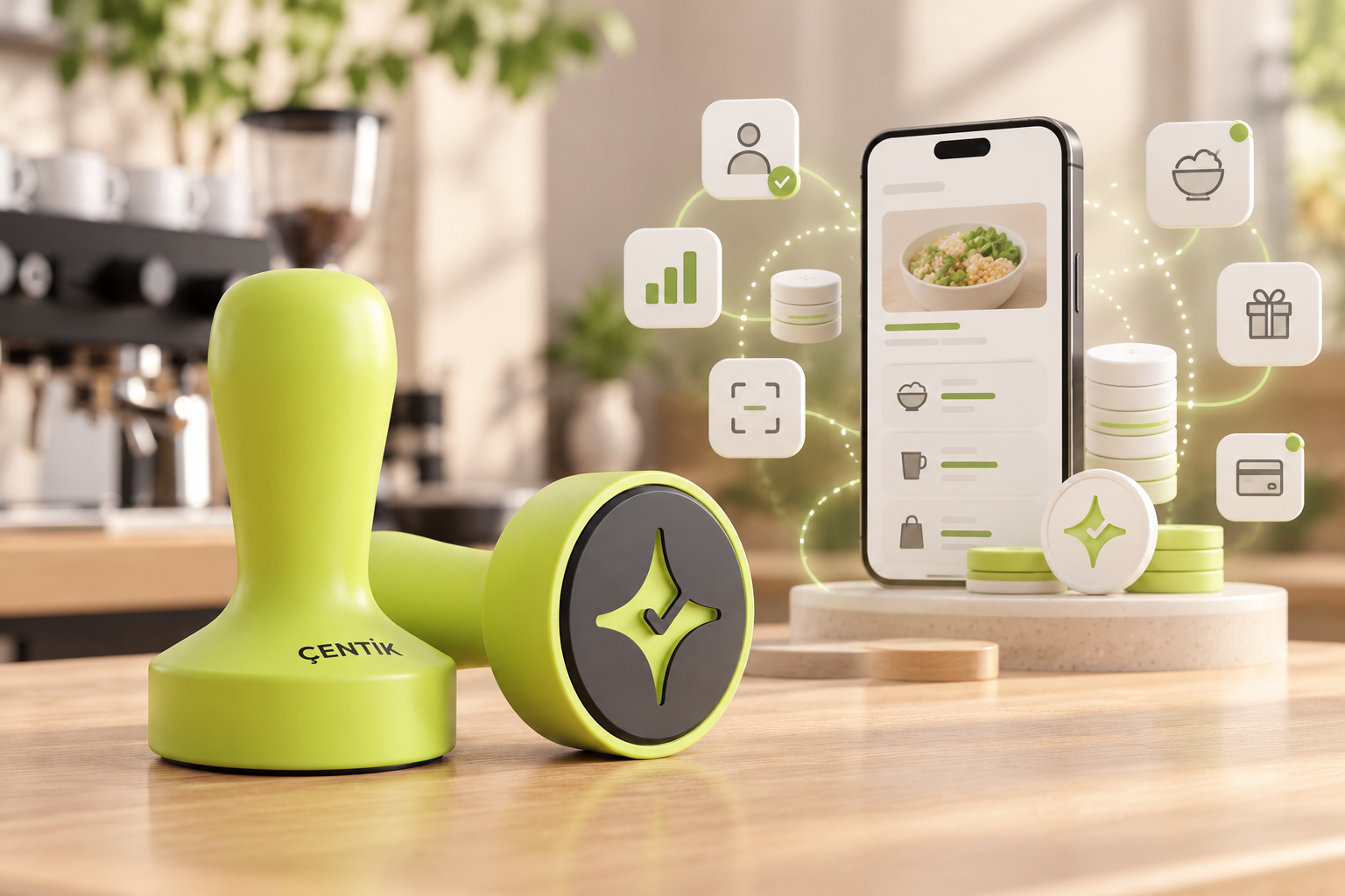 Çentik NFC counter touchpoint beside an abstract integrated restaurant loyalty ecosystem
