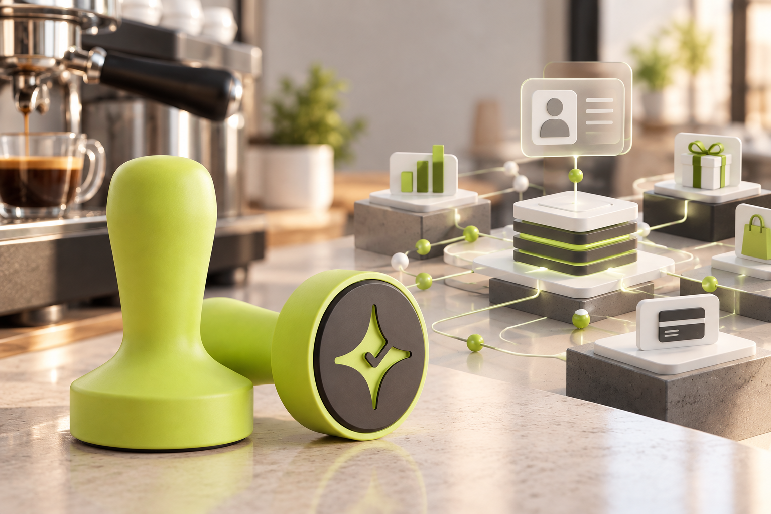 Çentik NFC loyalty touchpoint beside an abstract enterprise loyalty technology environment representing the difference between café-first and enterprise loyalty systems.