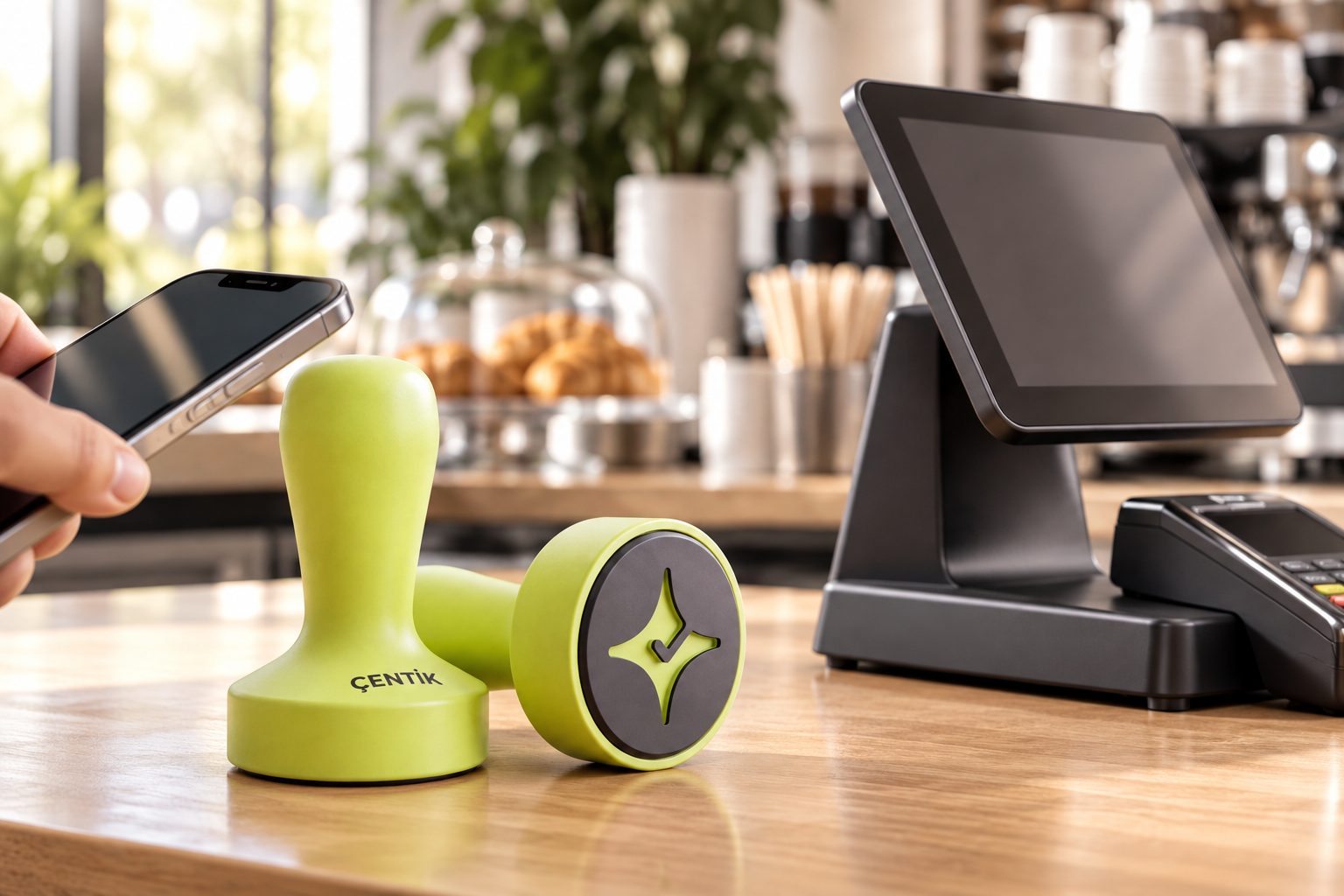 Çentik NFC loyalty touchpoint beside a generic restaurant POS checkout setup, illustrating standalone loyalty versus POS-native loyalty.