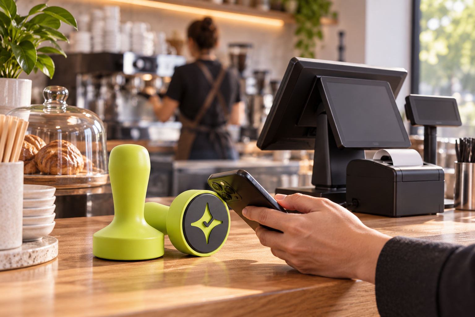 Çentik lime NFC loyalty stamp beside a generic restaurant POS setup, illustrating standalone loyalty versus a broader restaurant technology stack.