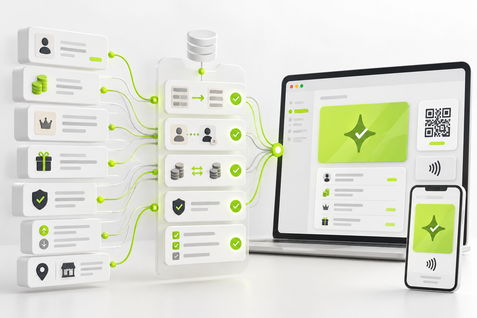 Abstract loyalty migration validation flow mapping member profiles, points, tiers, rewards, consent and transactions into a Çentik setup.