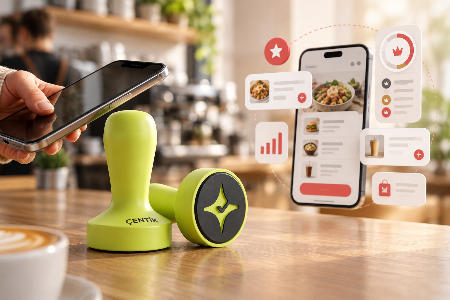 Çentik NFC counter touchpoint beside an abstract app-led restaurant loyalty ecosystem