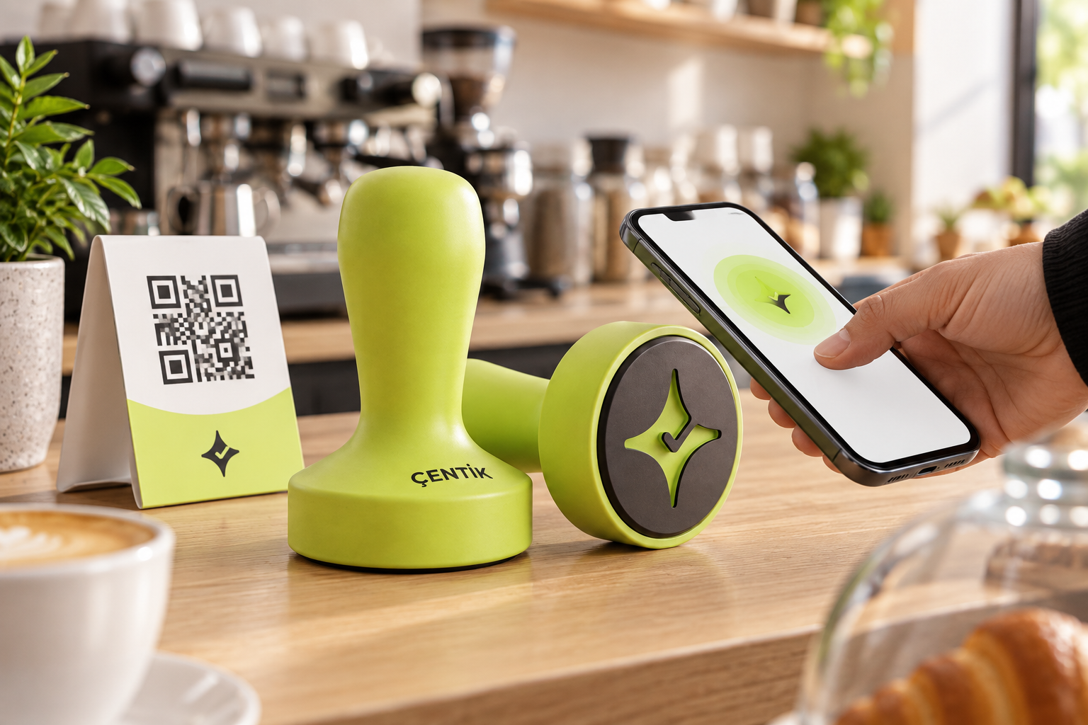 Çentik NFC counter touchpoint and QR loyalty flow for a UK café