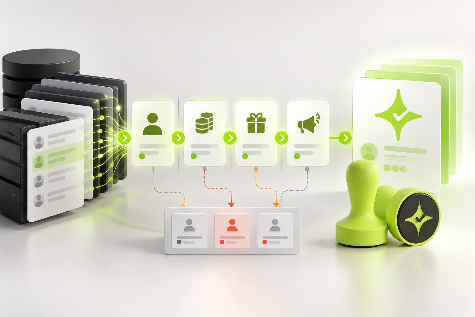 Abstract loyalty migration workflow validating customer profiles, balances, rewards and consent records before transfer to Çentik.