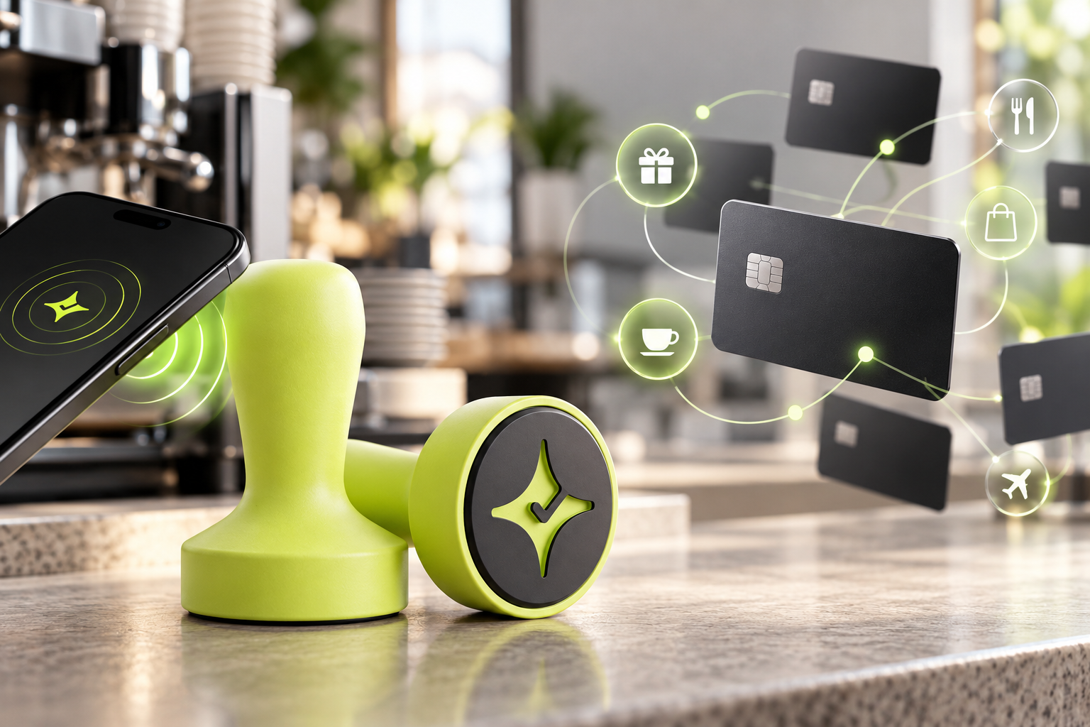 Çentik NFC counter device beside an abstract card-linked rewards network, illustrating merchant-run loyalty versus card-linked offers.