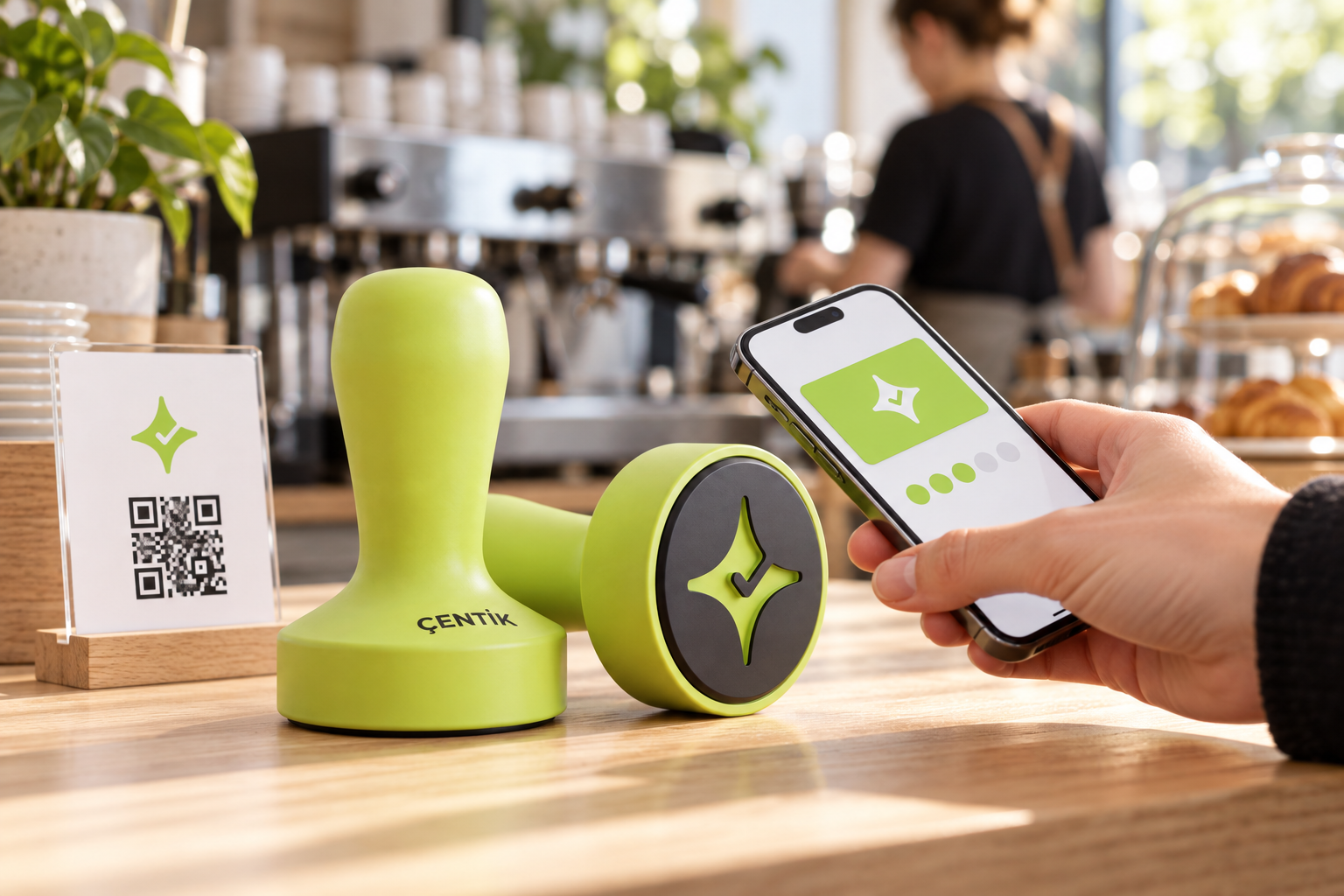 Çentik NFC and QR loyalty touchpoint at a café counter