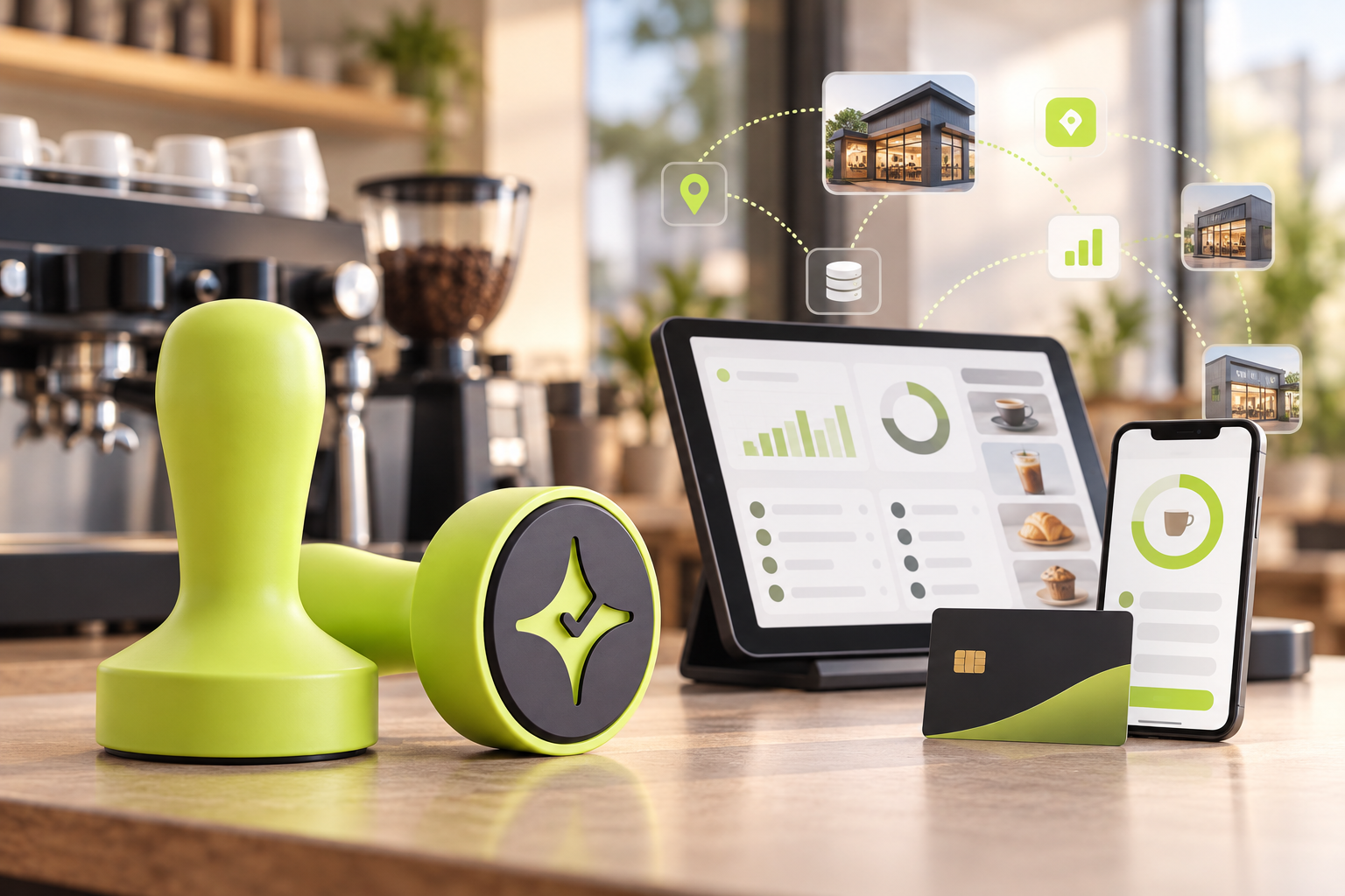Çentik NFC loyalty touchpoint beside an abstract enterprise restaurant engagement system