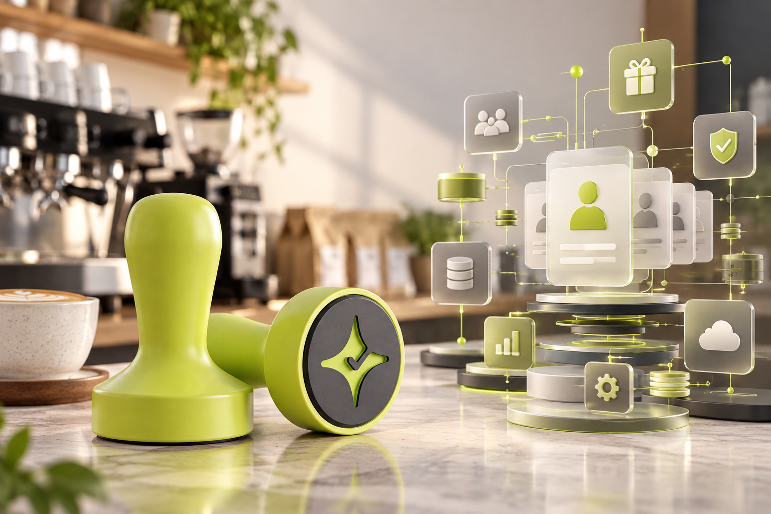 Çentik NFC loyalty touchpoint beside an abstract enterprise loyalty architecture, illustrating lightweight counter loyalty versus complex enterprise orchestration.