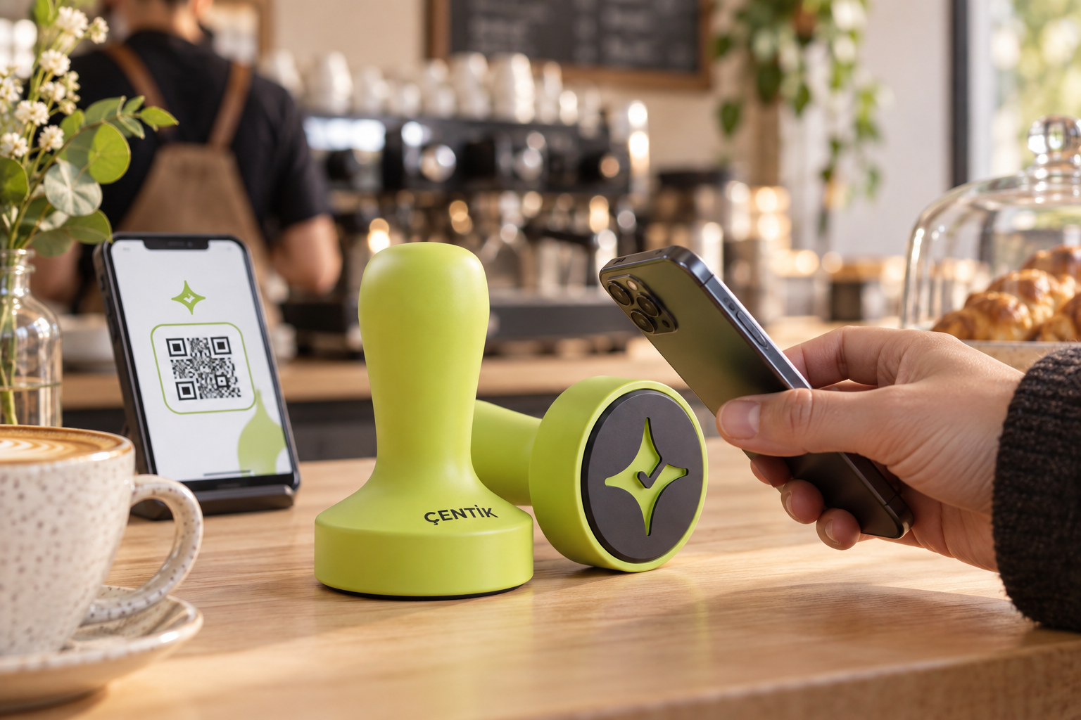 Çentik NFC and QR loyalty interaction at an independent café counter.