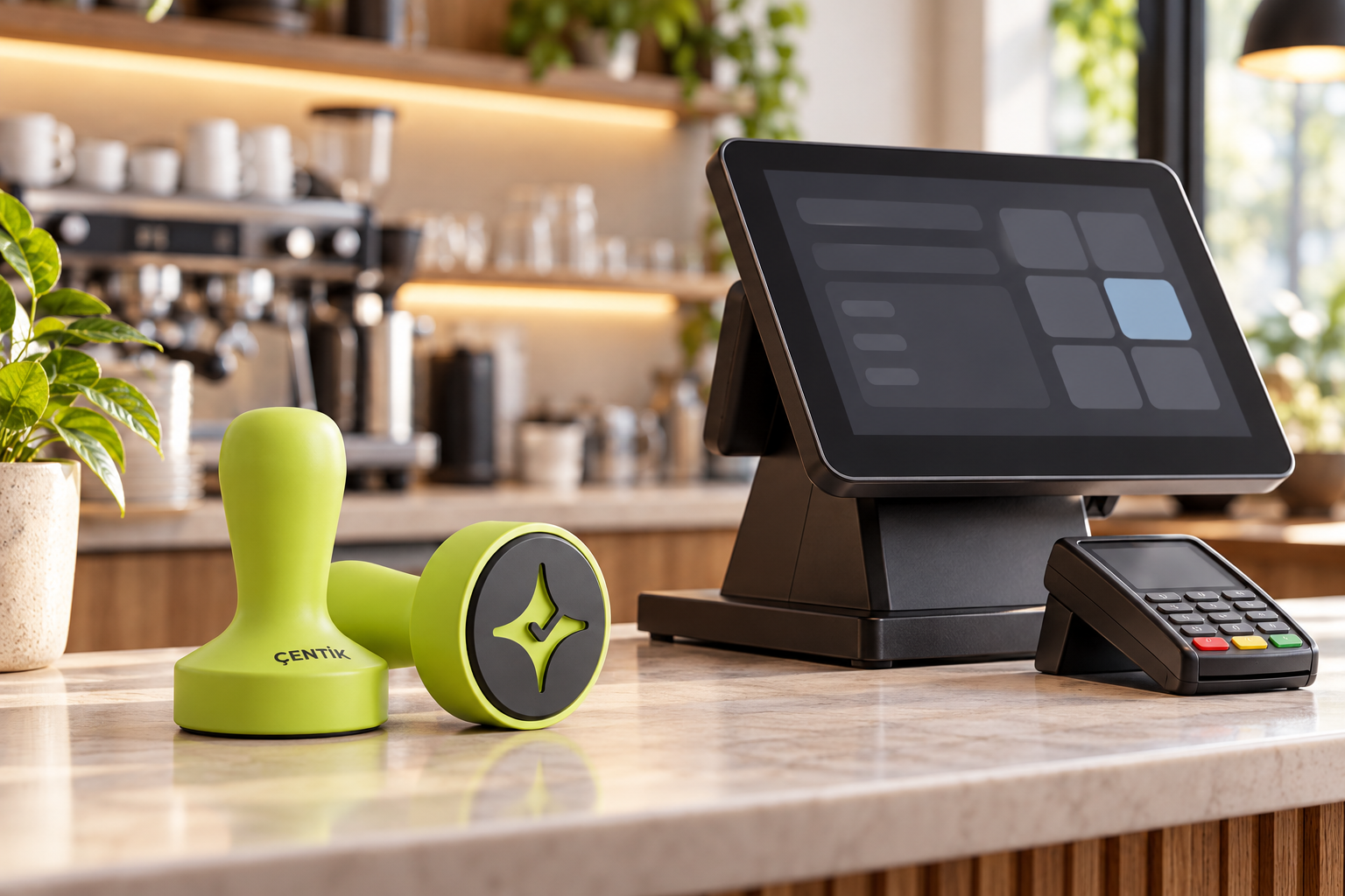 Çentik NFC loyalty touchpoint beside a generic restaurant POS setup, illustrating standalone loyalty versus POS-native loyalty.