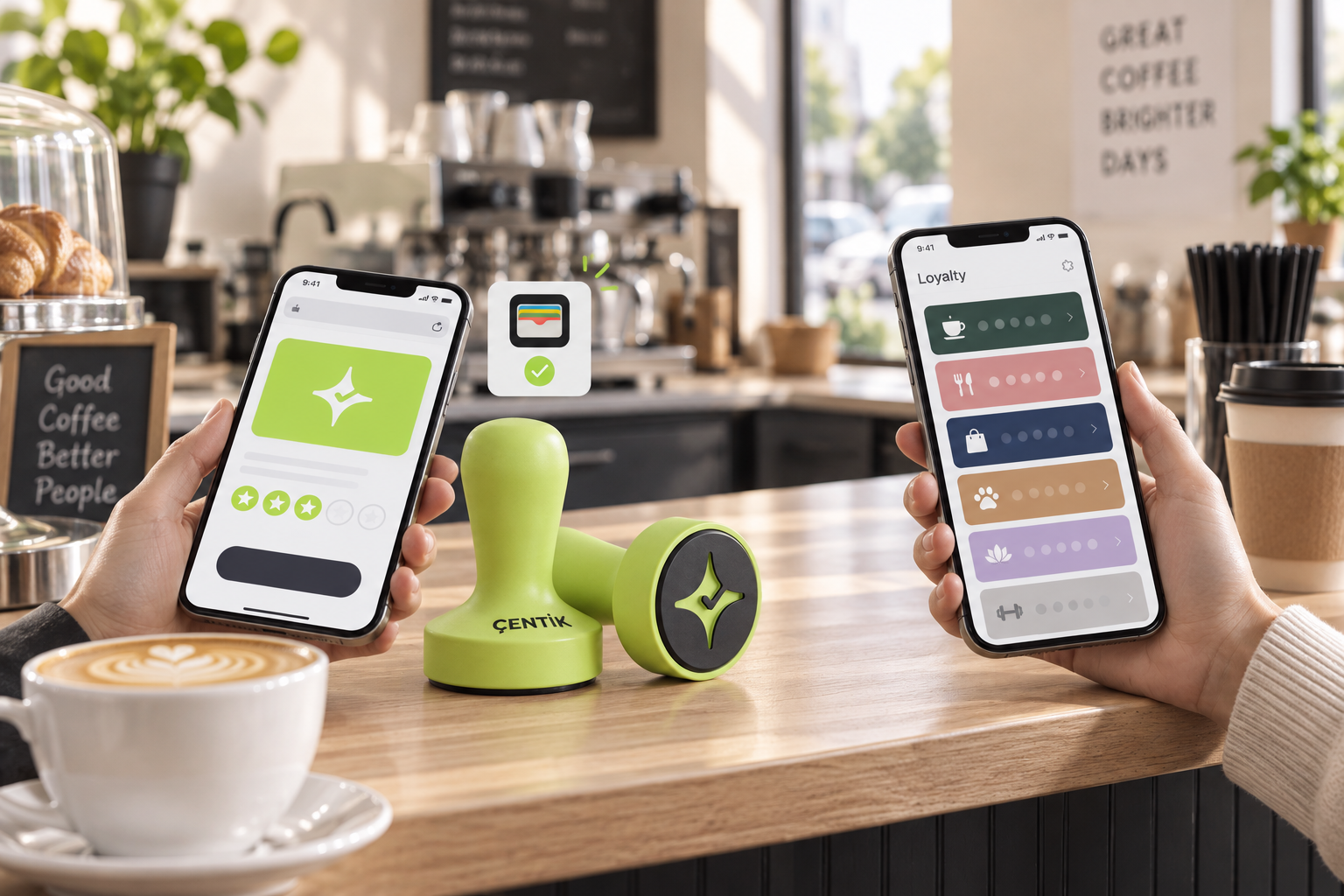 Çentik Damper and digital loyalty cards on two phones
