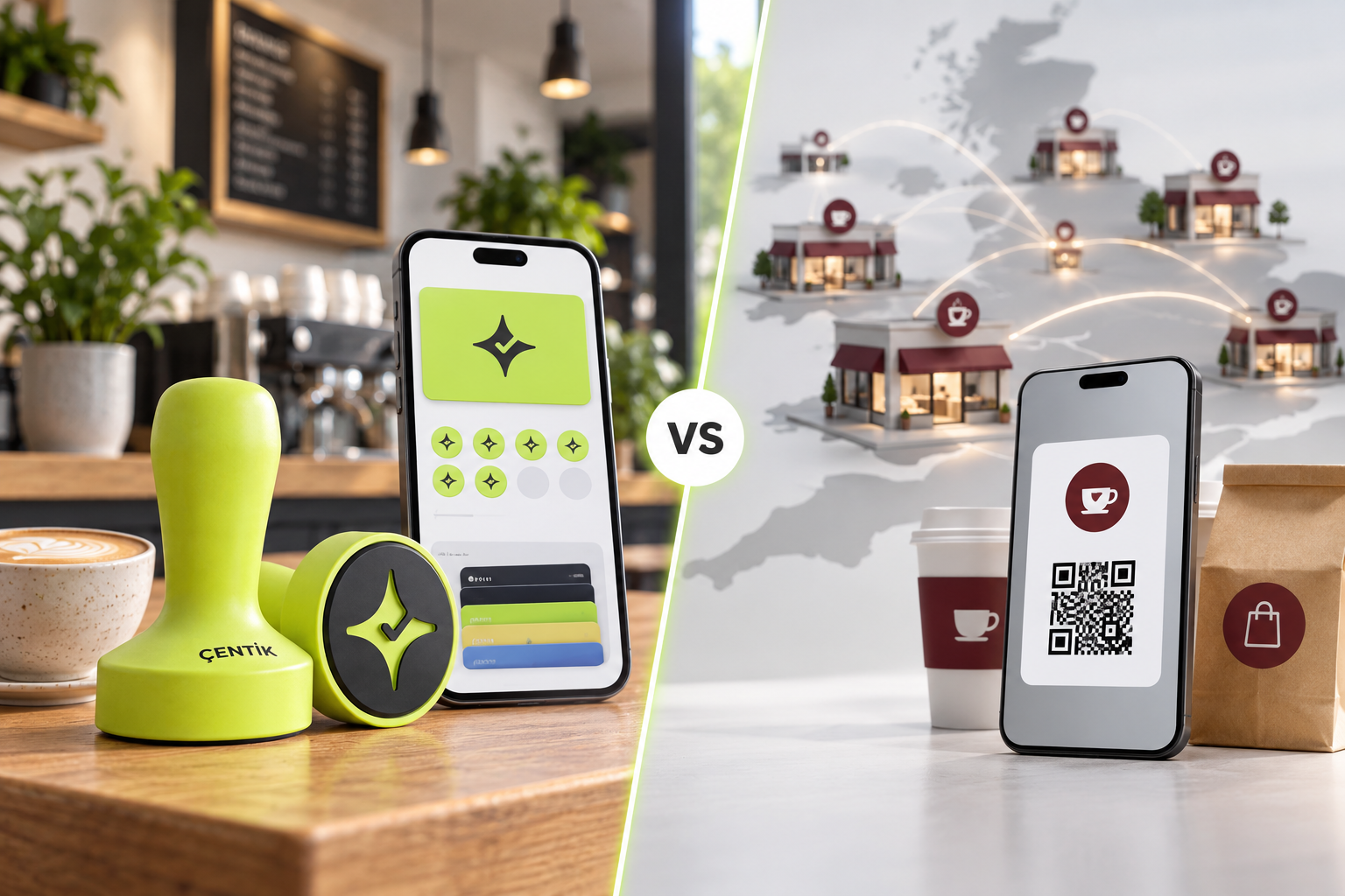 Conceptual comparison between an independent café loyalty platform and a closed-loop coffee-chain rewards ecosystem in the UK.
