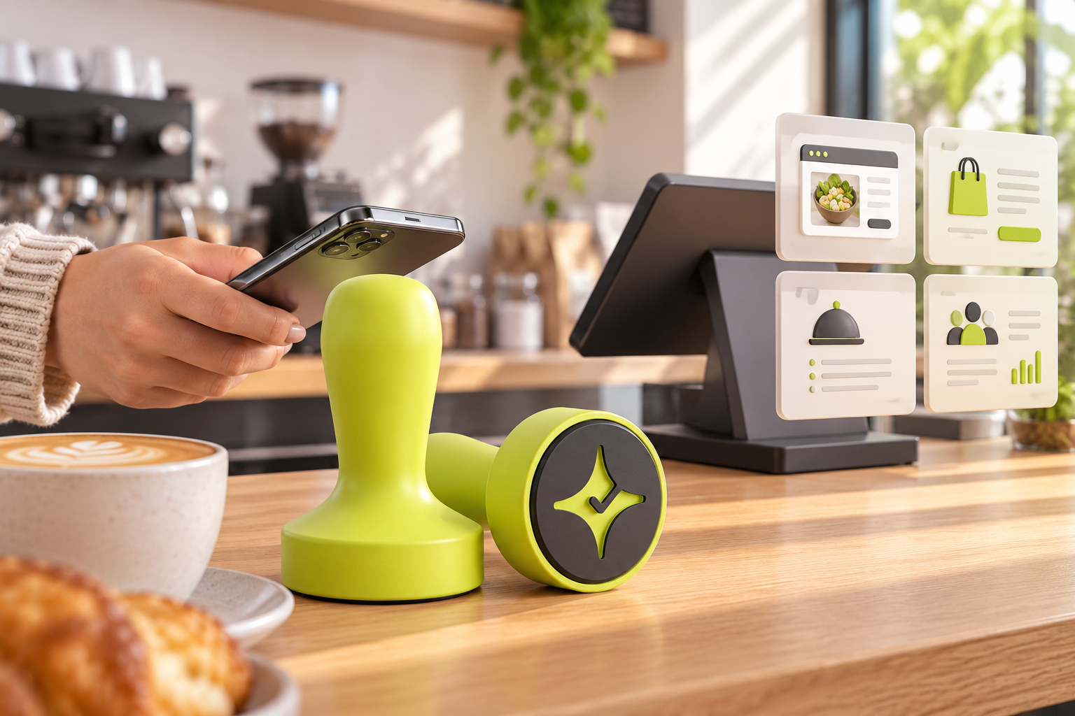 Çentik NFC loyalty touchpoint beside a generic restaurant commerce and POS setup, showing focused in-store loyalty versus a broader restaurant technology stack.