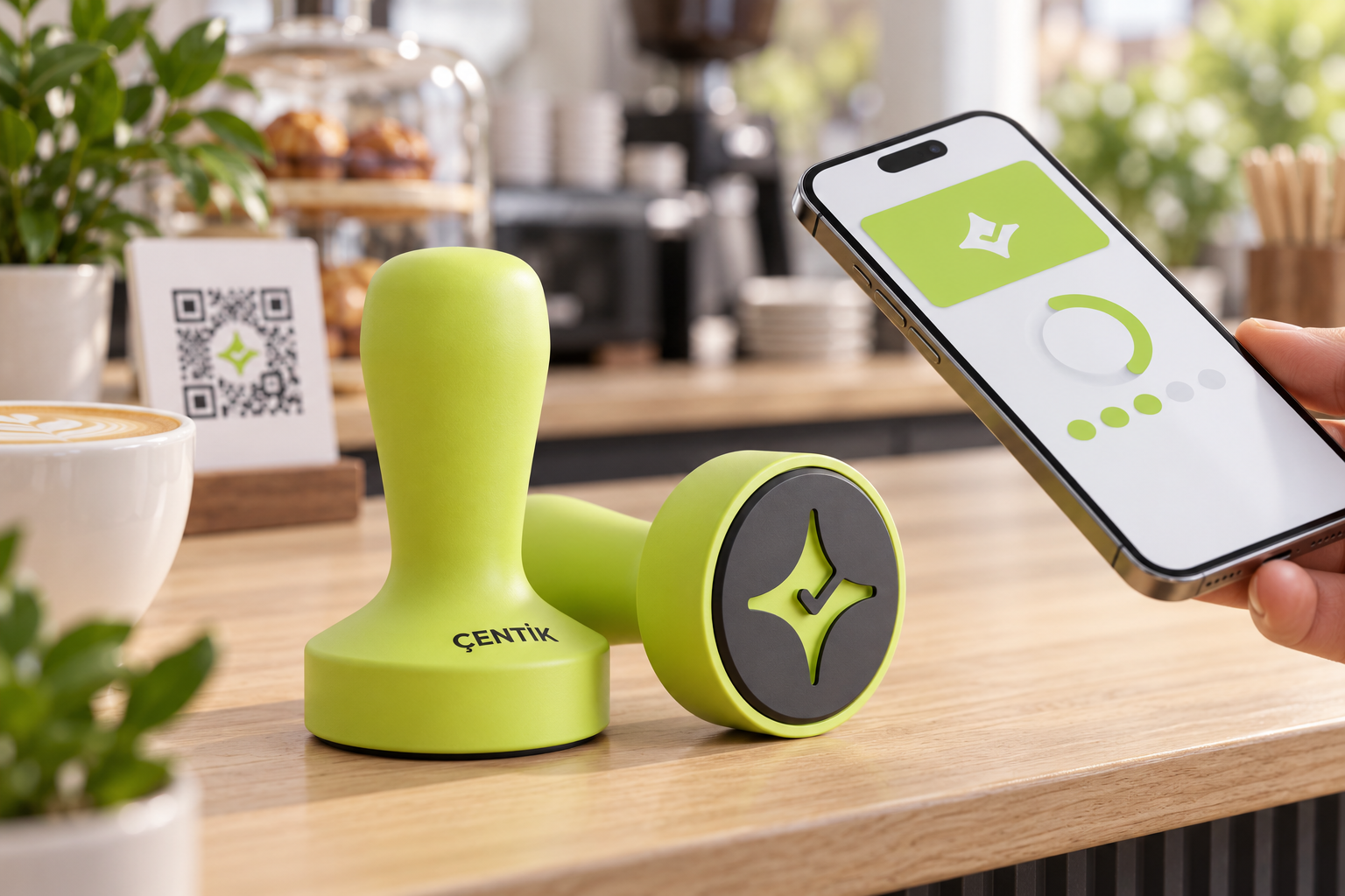 Çentik NFC counter touchpoint and phone illustrating an app-free in-store loyalty interaction.