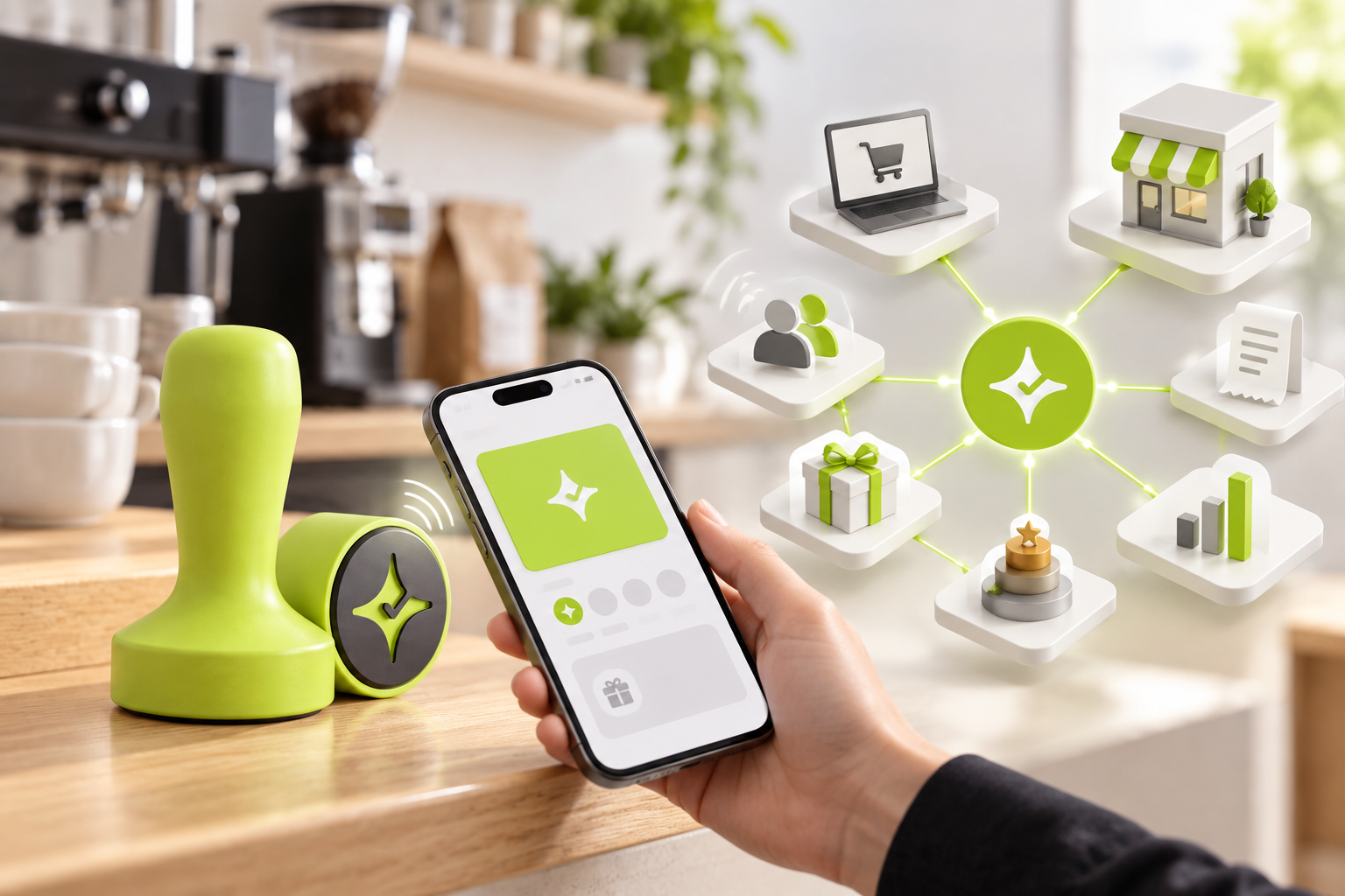 Çentik NFC loyalty touchpoint contrasted with an abstract omnichannel loyalty technology stack for a U.S. software comparison.