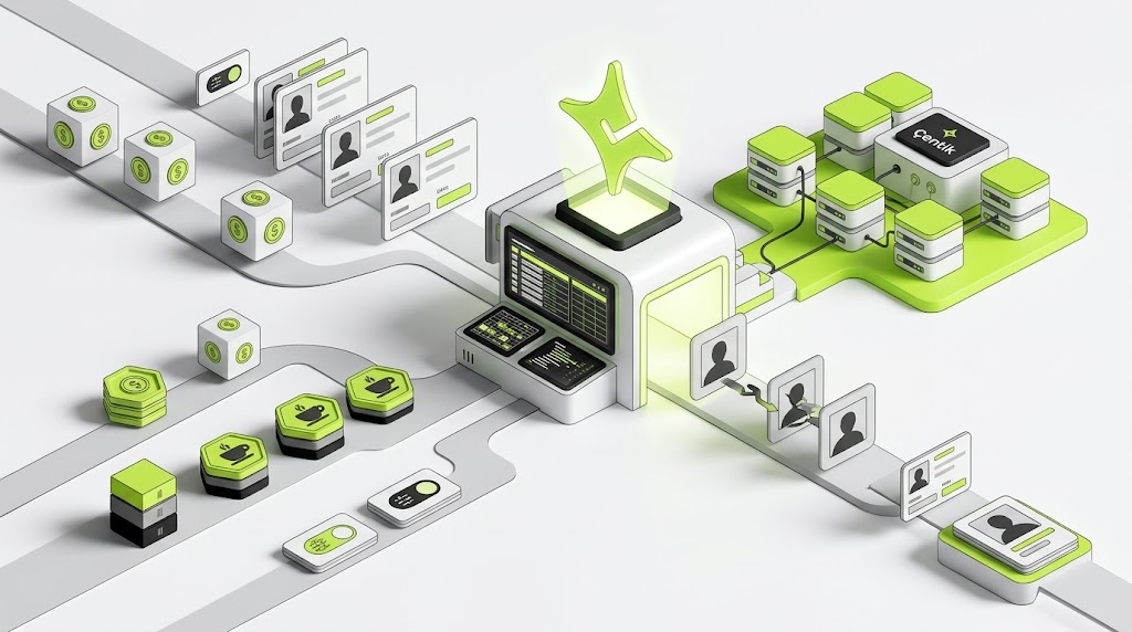 A clean loyalty migration diagram showing customer profiles, balances, rewards and consent records being validated before transfer.