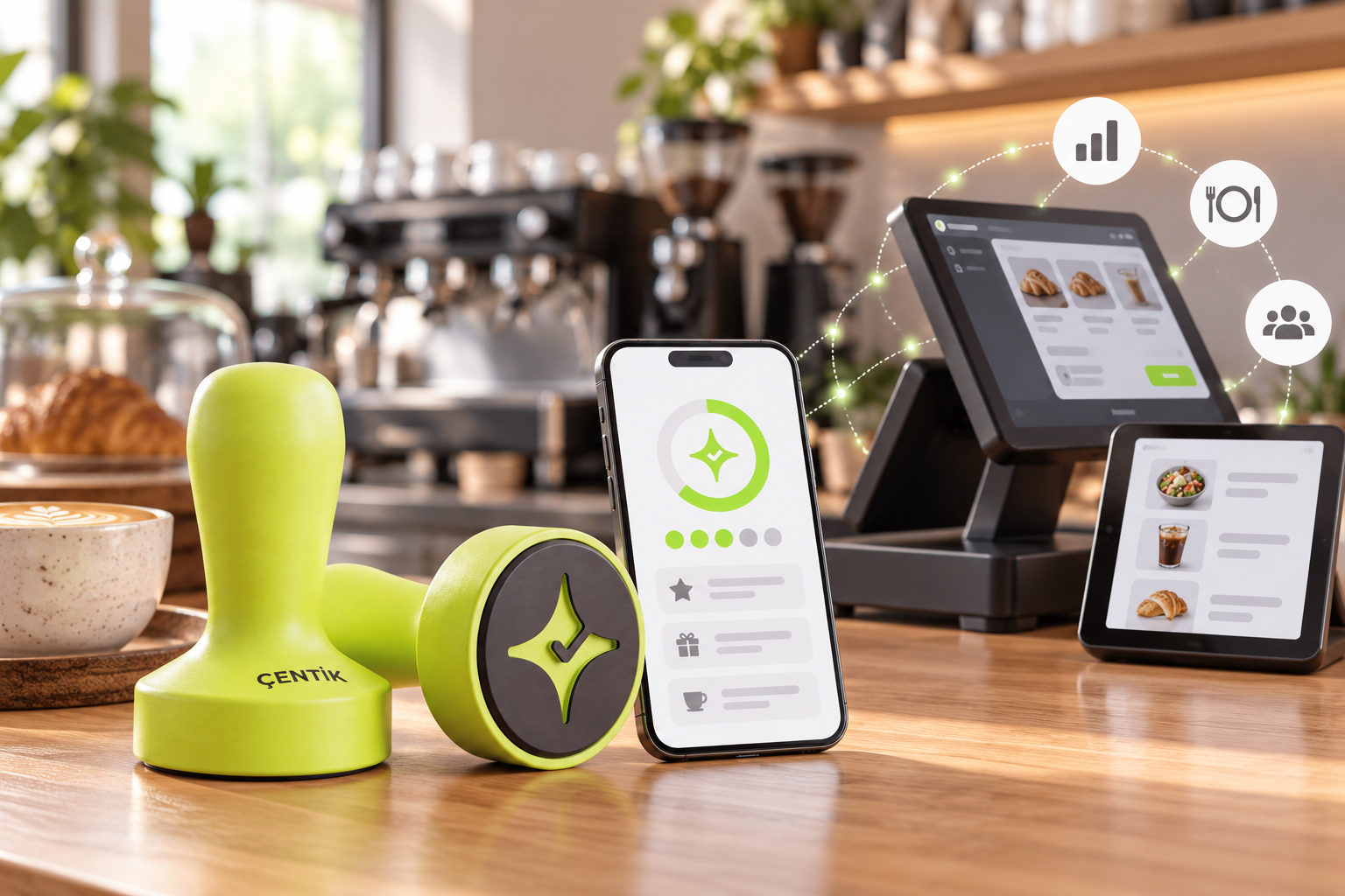 Çentik NFC loyalty touchpoint beside a generic connected restaurant POS and ordering setup.