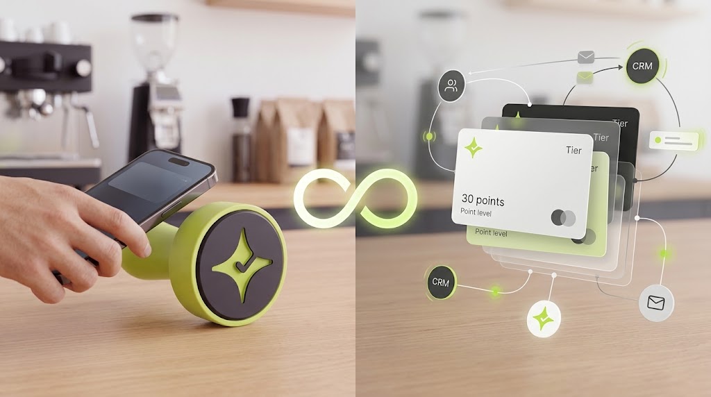Çentik NFC counter touchpoint contrasted with a wallet-led loyalty automation concept for a U.S. café