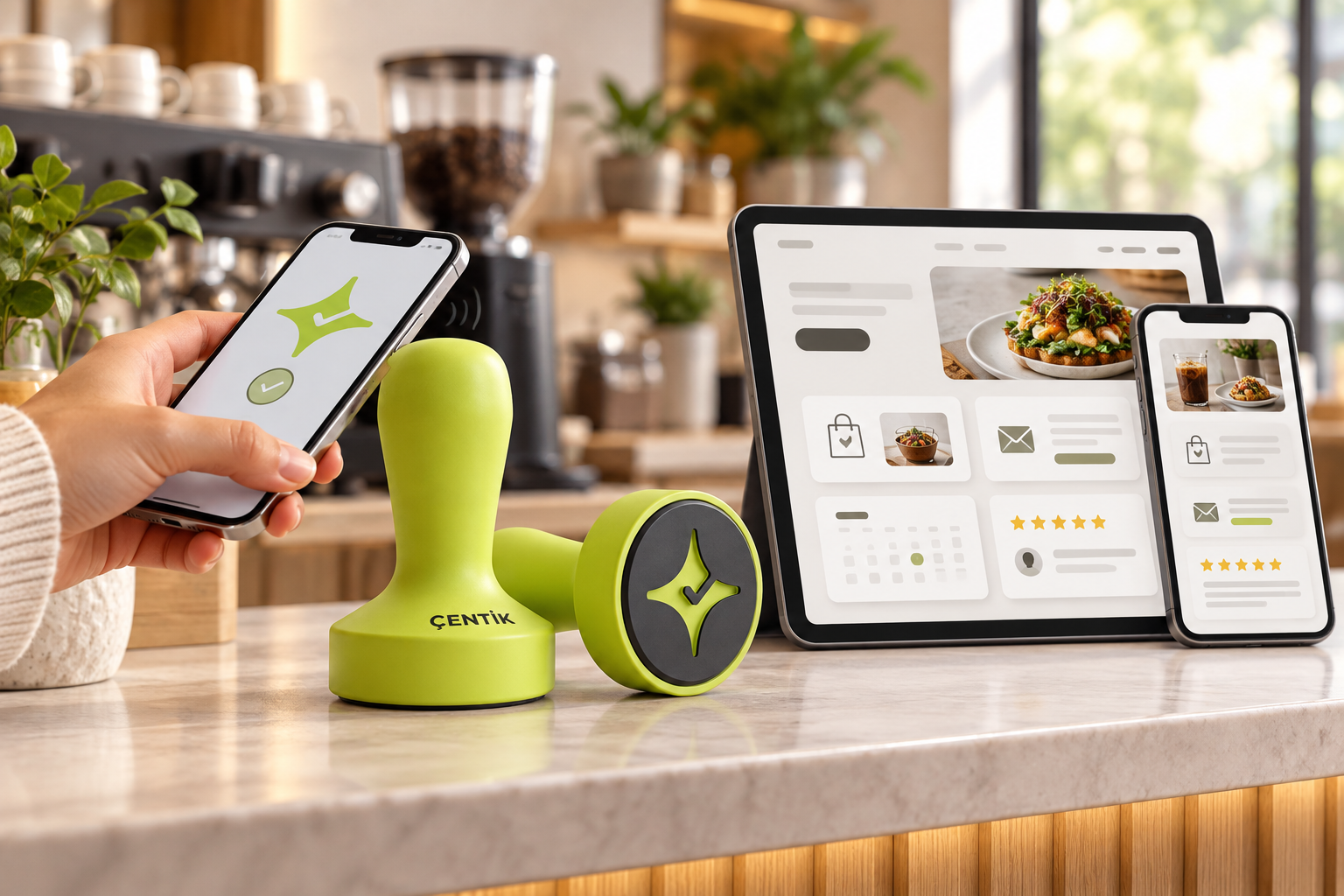 Çentik NFC loyalty touchpoint beside a generic restaurant digital marketing and ordering setup