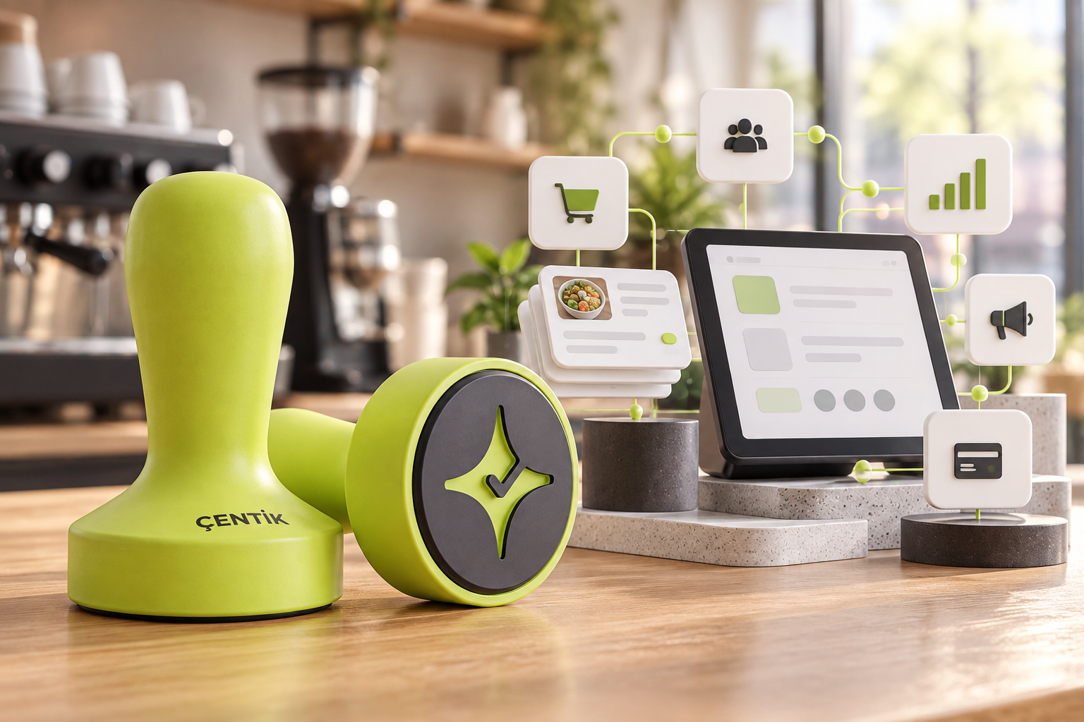 Çentik NFC loyalty touchpoint beside an abstract restaurant technology stack representing two different approaches to restaurant loyalty.