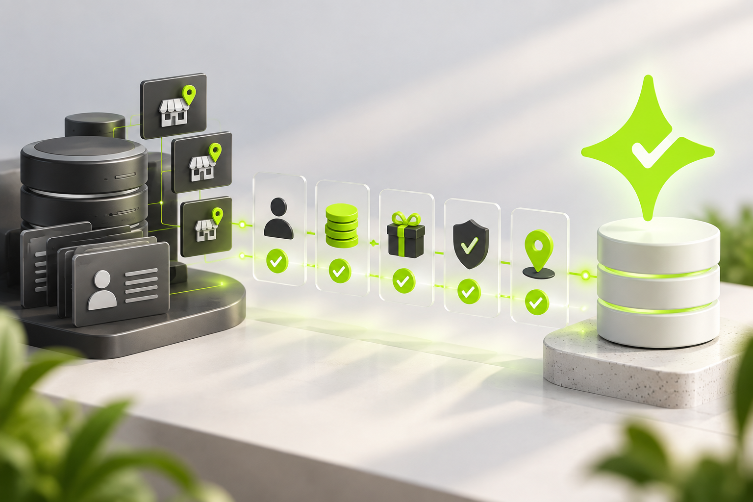 Abstract restaurant loyalty migration validation flow for customer profiles, balances, rewards, consent records and location mappings moving into Çentik.