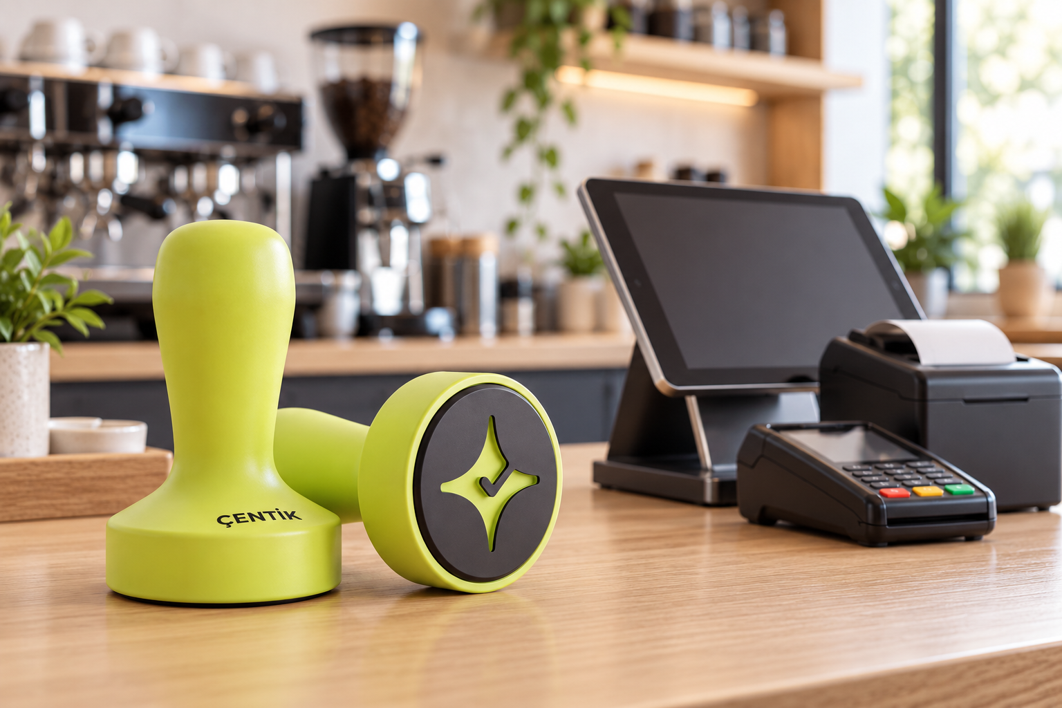 Çentik NFC loyalty touchpoint beside a generic restaurant POS setup, illustrating standalone loyalty versus a broader POS stack.