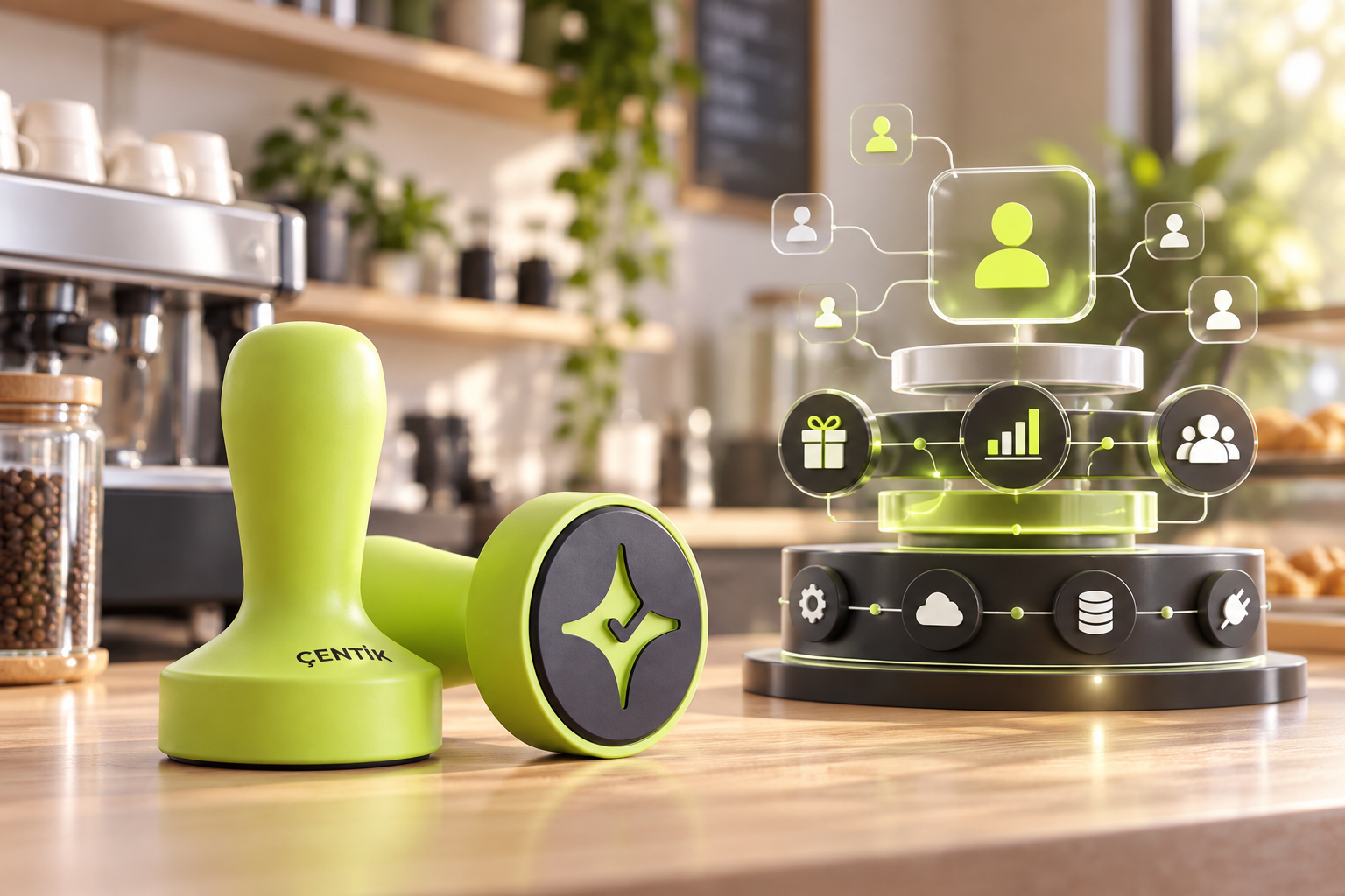 Çentik NFC loyalty touchpoint beside an abstract enterprise loyalty technology stack
