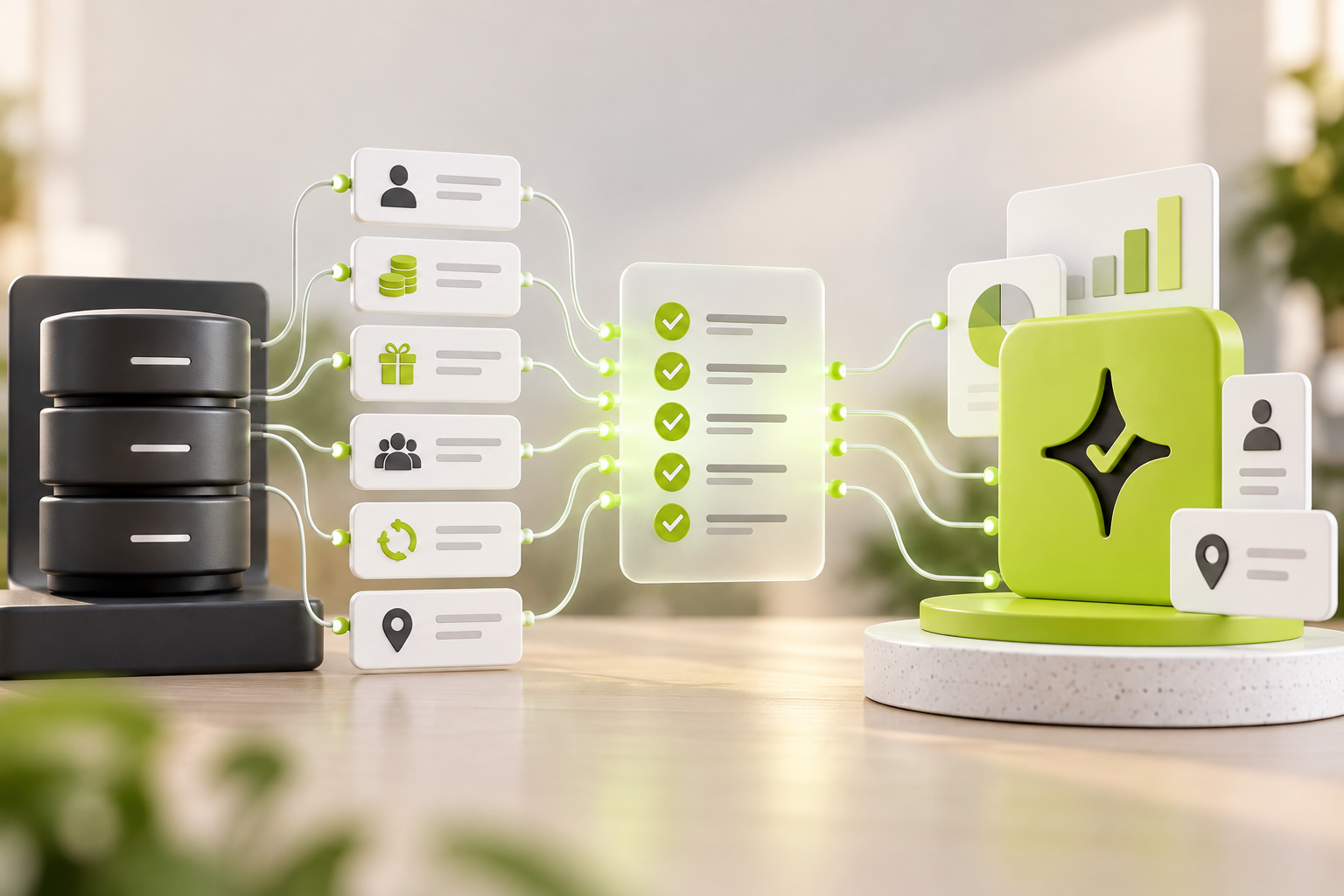 Abstract loyalty migration validation flow for customer profiles, balances, rewards, consent records and restaurant locations.