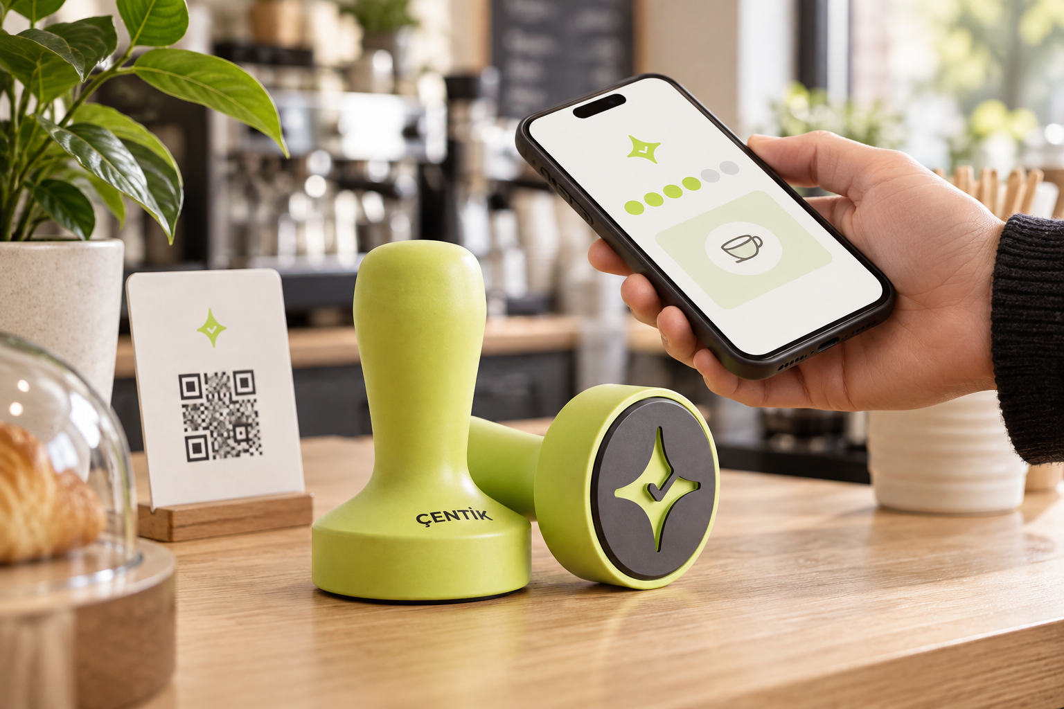 Customer tapping a phone on the Çentik NFC loyalty device at a café counter