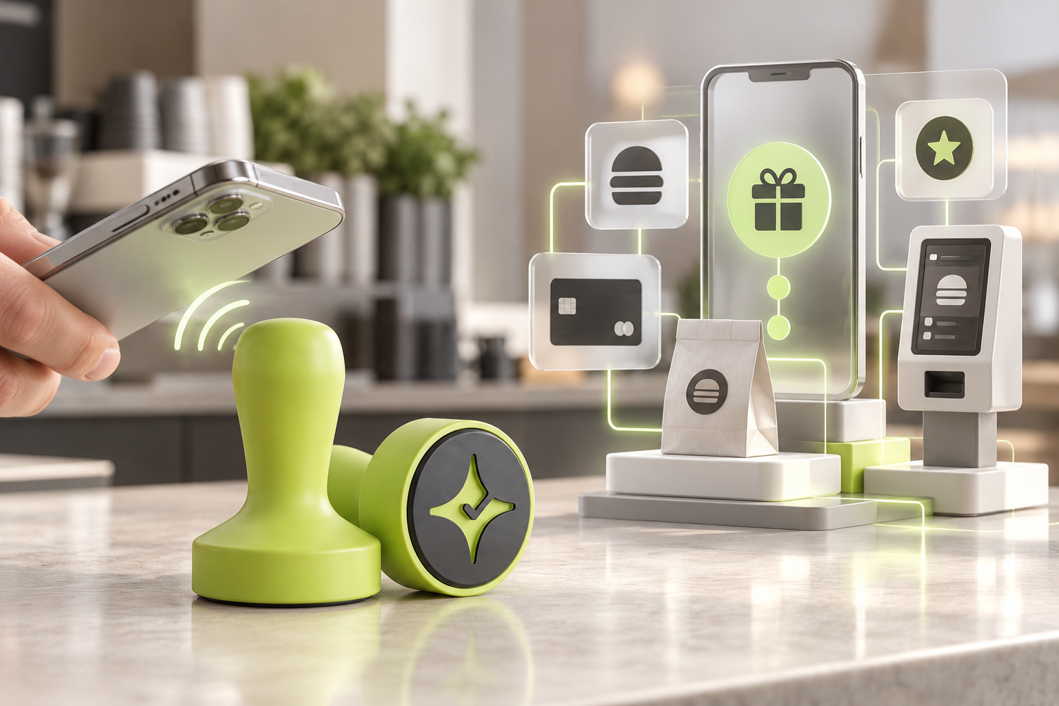 Çentik NFC loyalty touchpoint contrasted with an abstract app-led restaurant rewards ecosystem